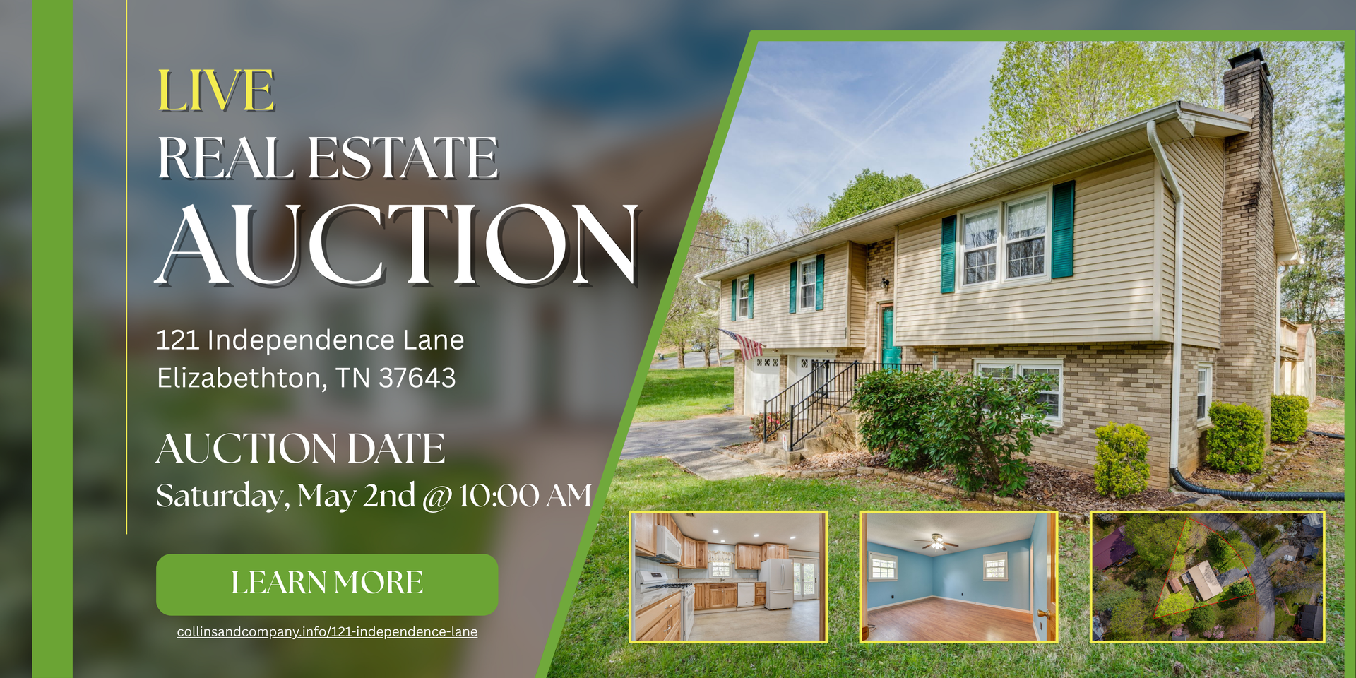 A flyer for a live real estate auction at 121 Trumpet Vine Lane, Hendersonville, TN on Saturday, May 7th at 10:00 AM.