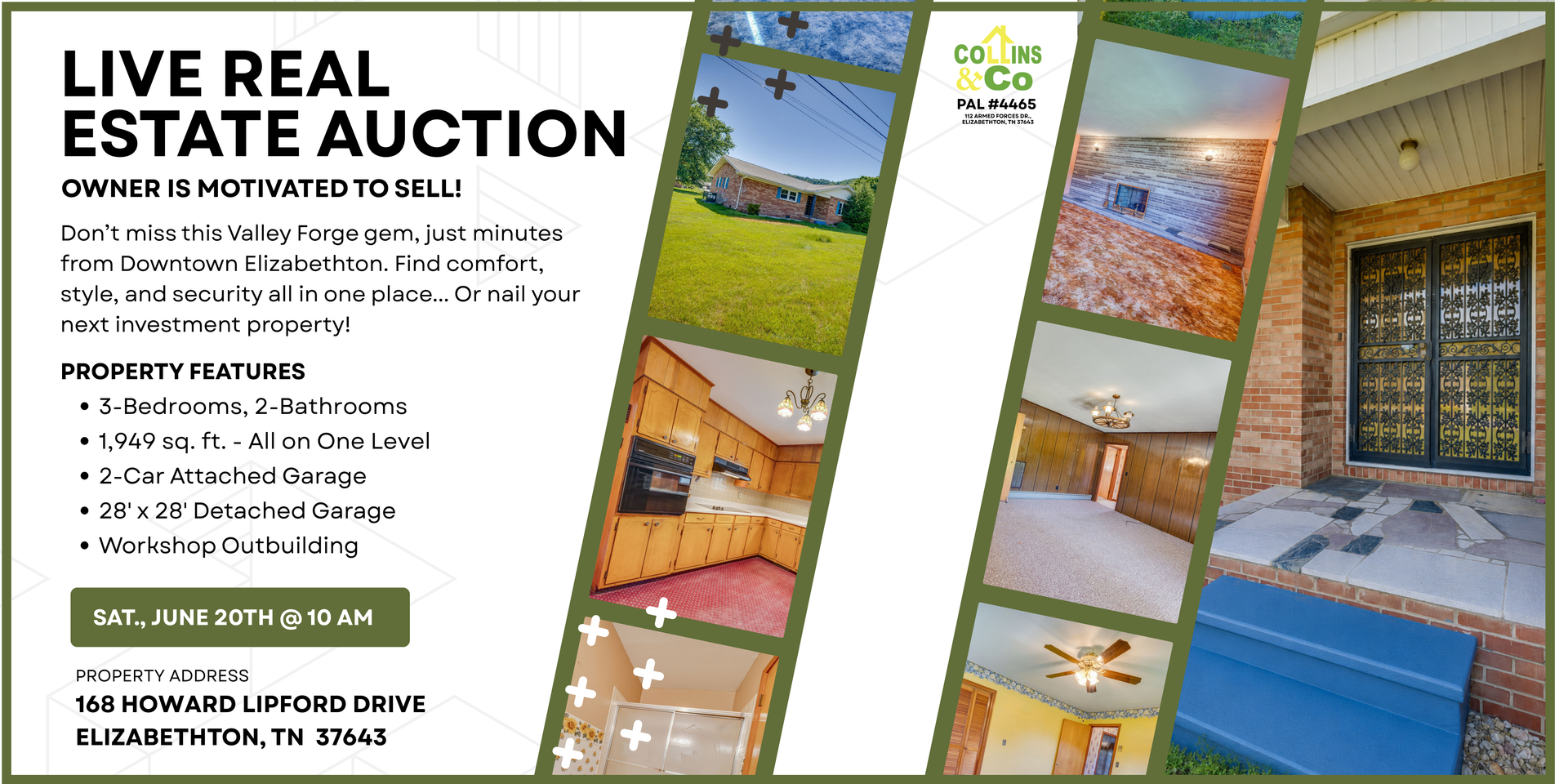 Live real estate auction flyer with home photos and green accents, listing auction details and property features
