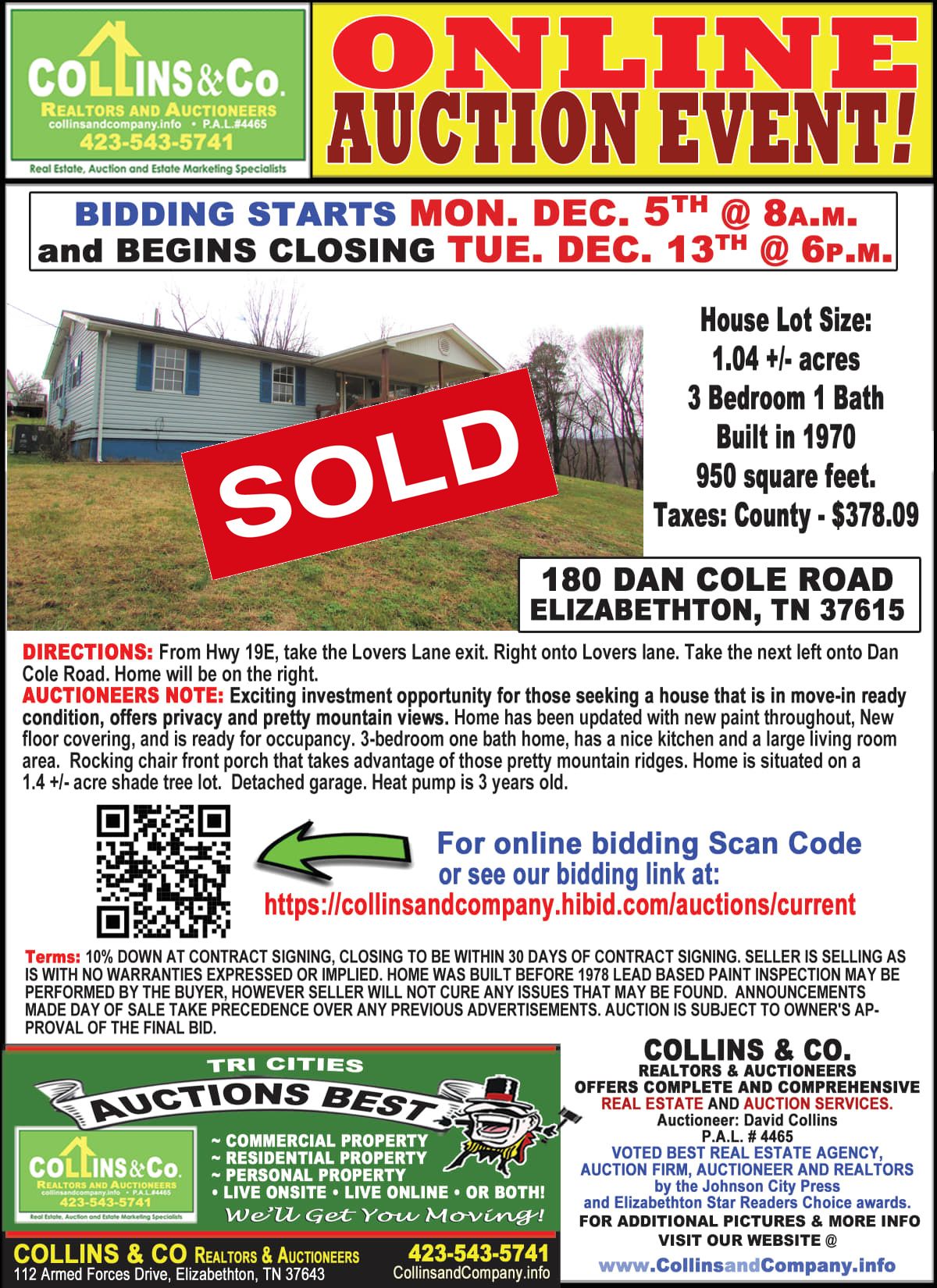 A flyer for an online auction event with a sold sign on it.