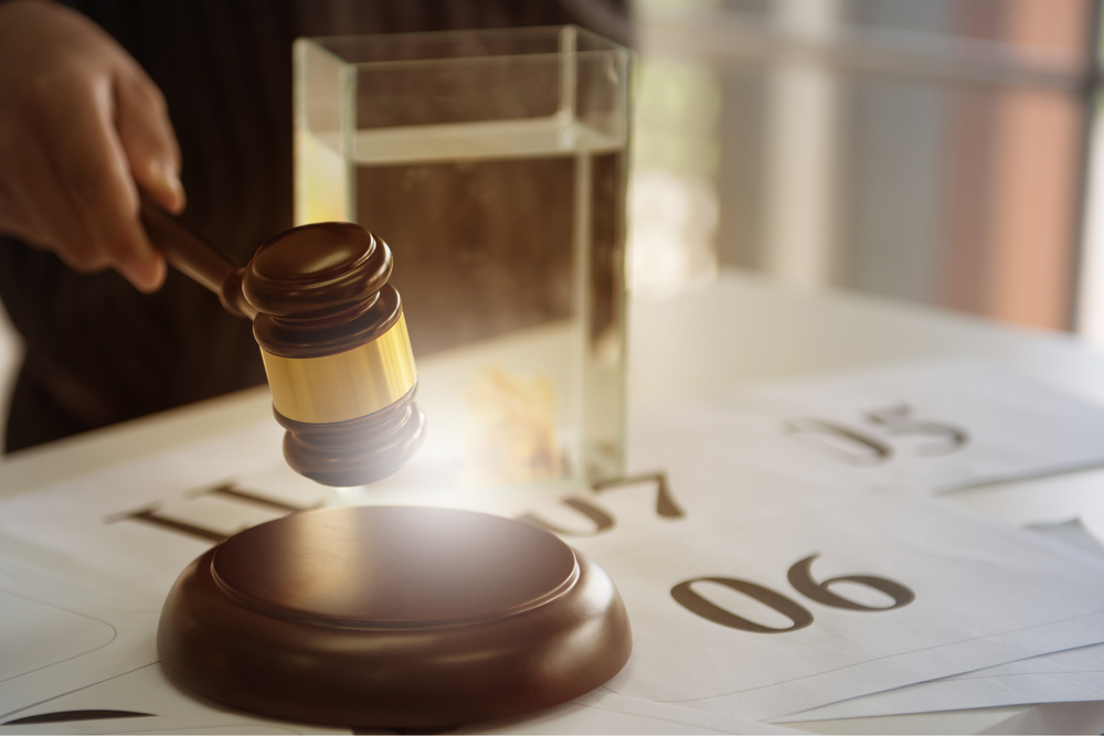 Gavel with bidding numbers in the background laid on a table after Collins & Co.'s live auciton