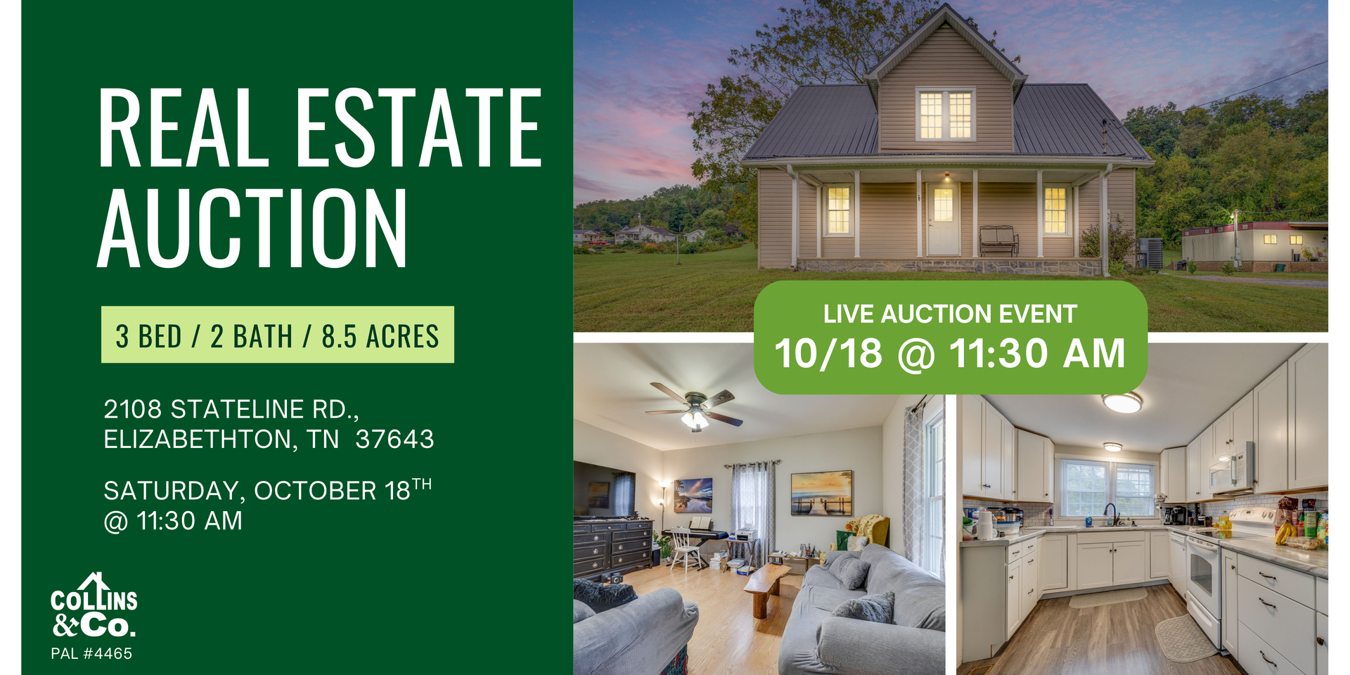 Real estate auction ad: house with green text, photos, and date/time of auction.