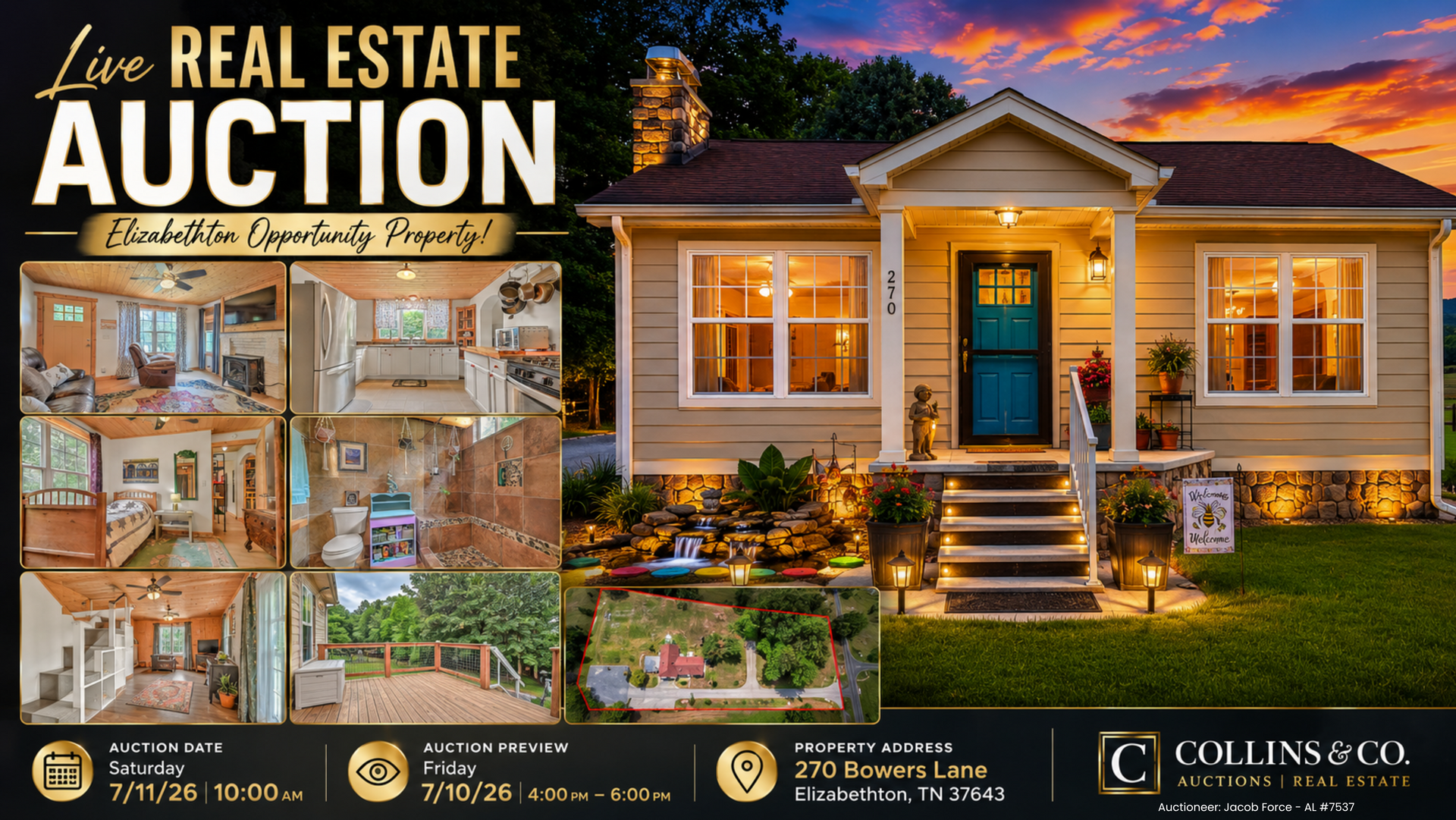 Live real estate auction ad with house exterior at dusk and interior renovation photos