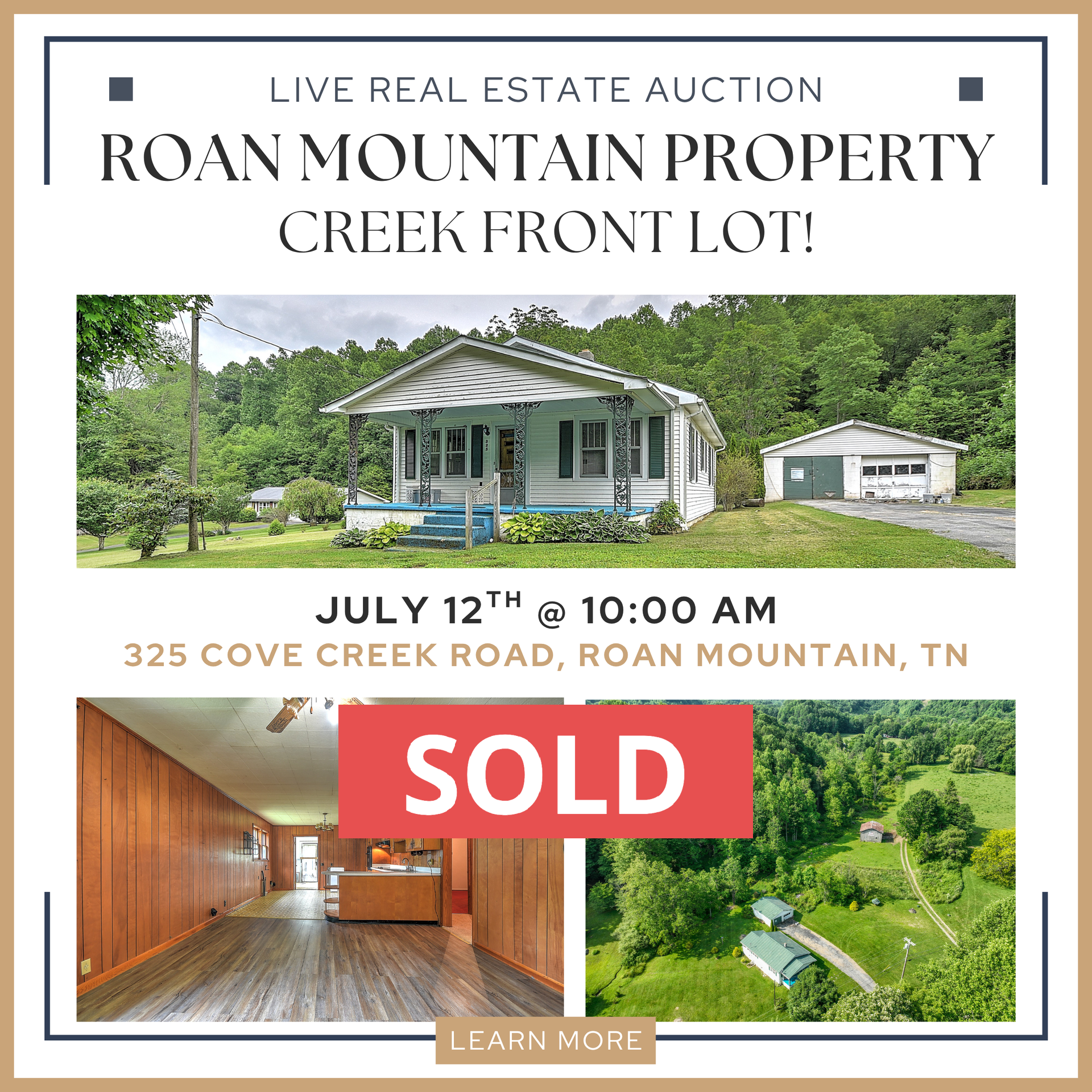 Real estate auction ad for a Roan Mountain property with a creek front lot. Features a house, garage, and