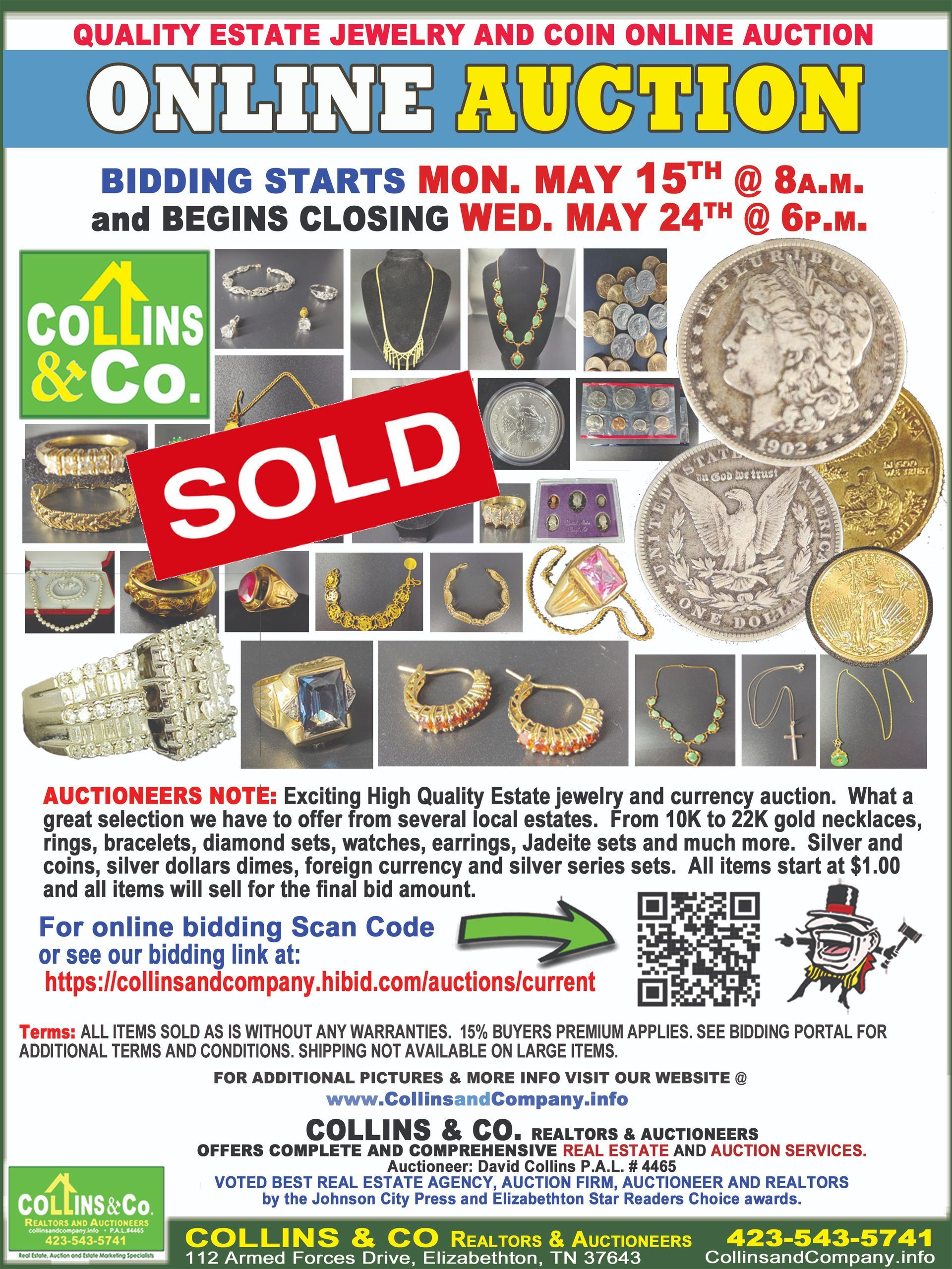 A poster for an online auction with a sold sign on it.