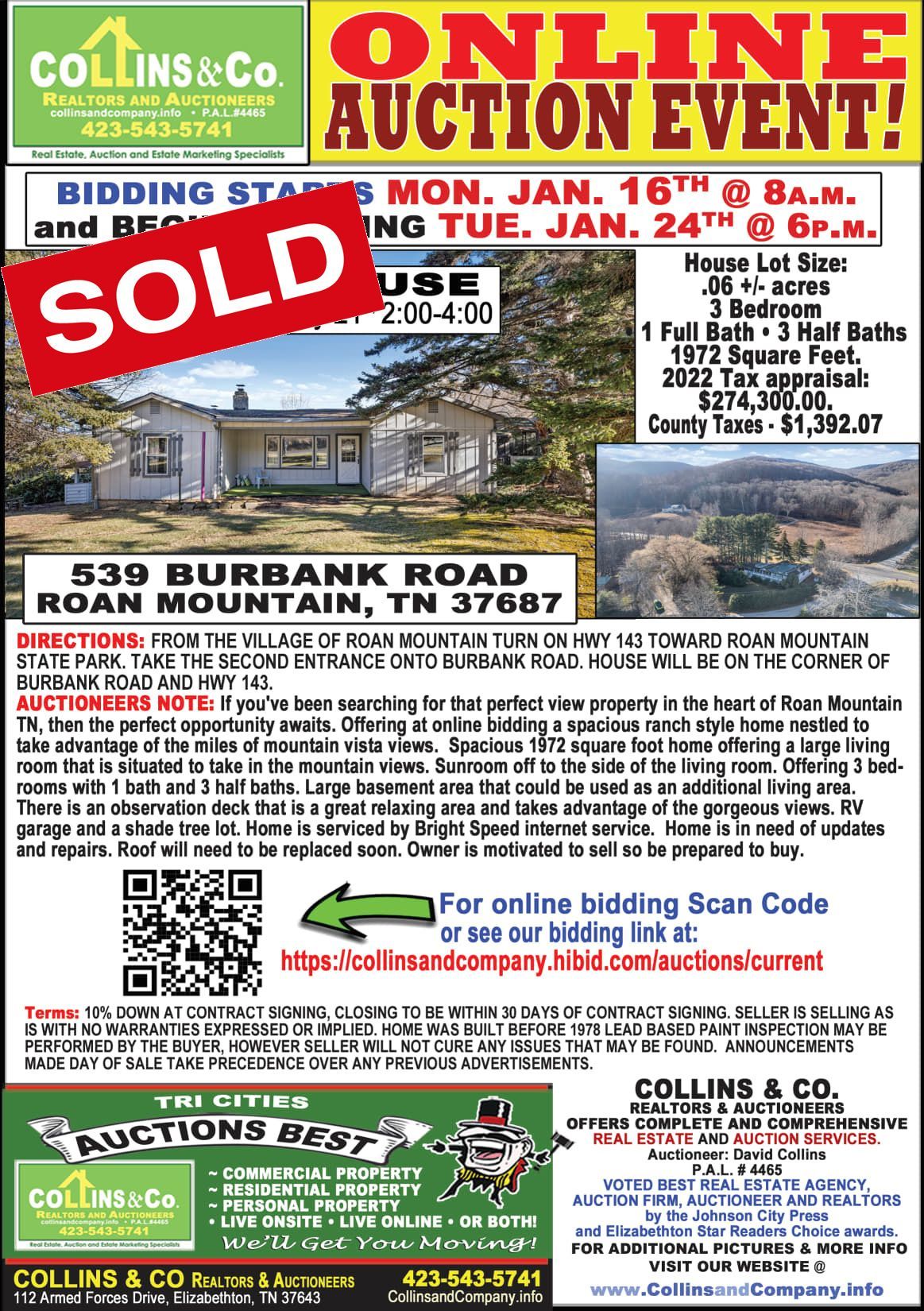 A flyer for an online auction event with a sold sign on it.