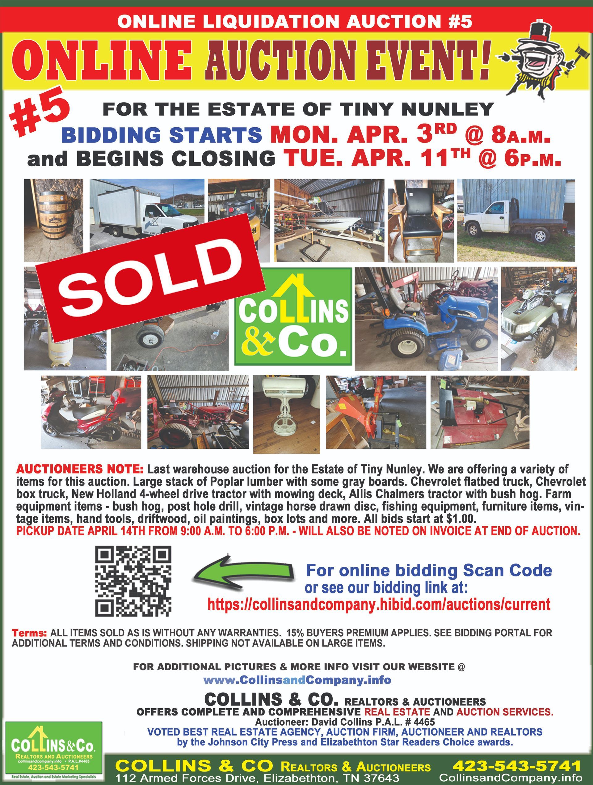 A poster for an online liquidation auction # 5 for the estate of tiny nunley.