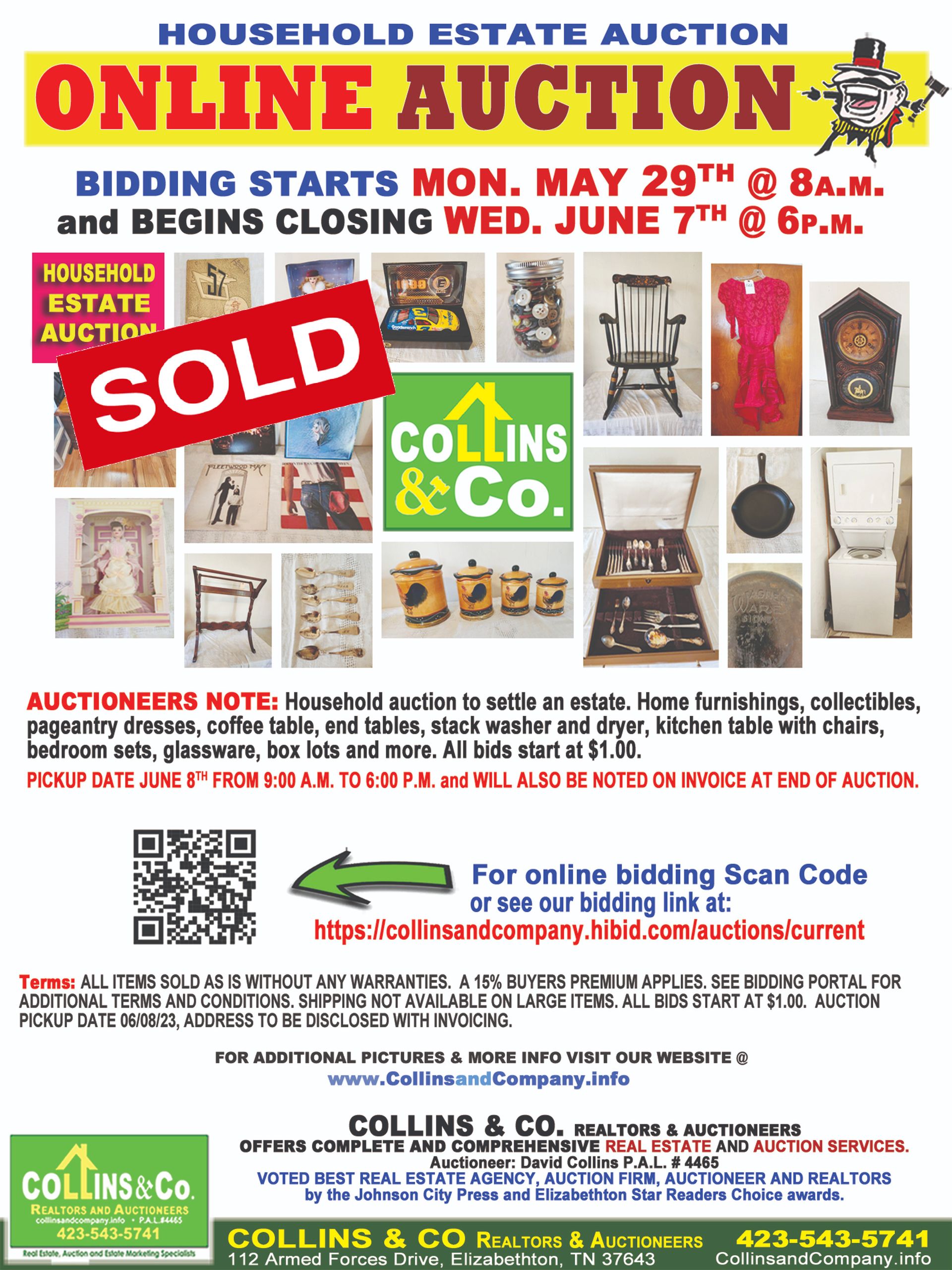 A household estate auction is taking place on may 29th