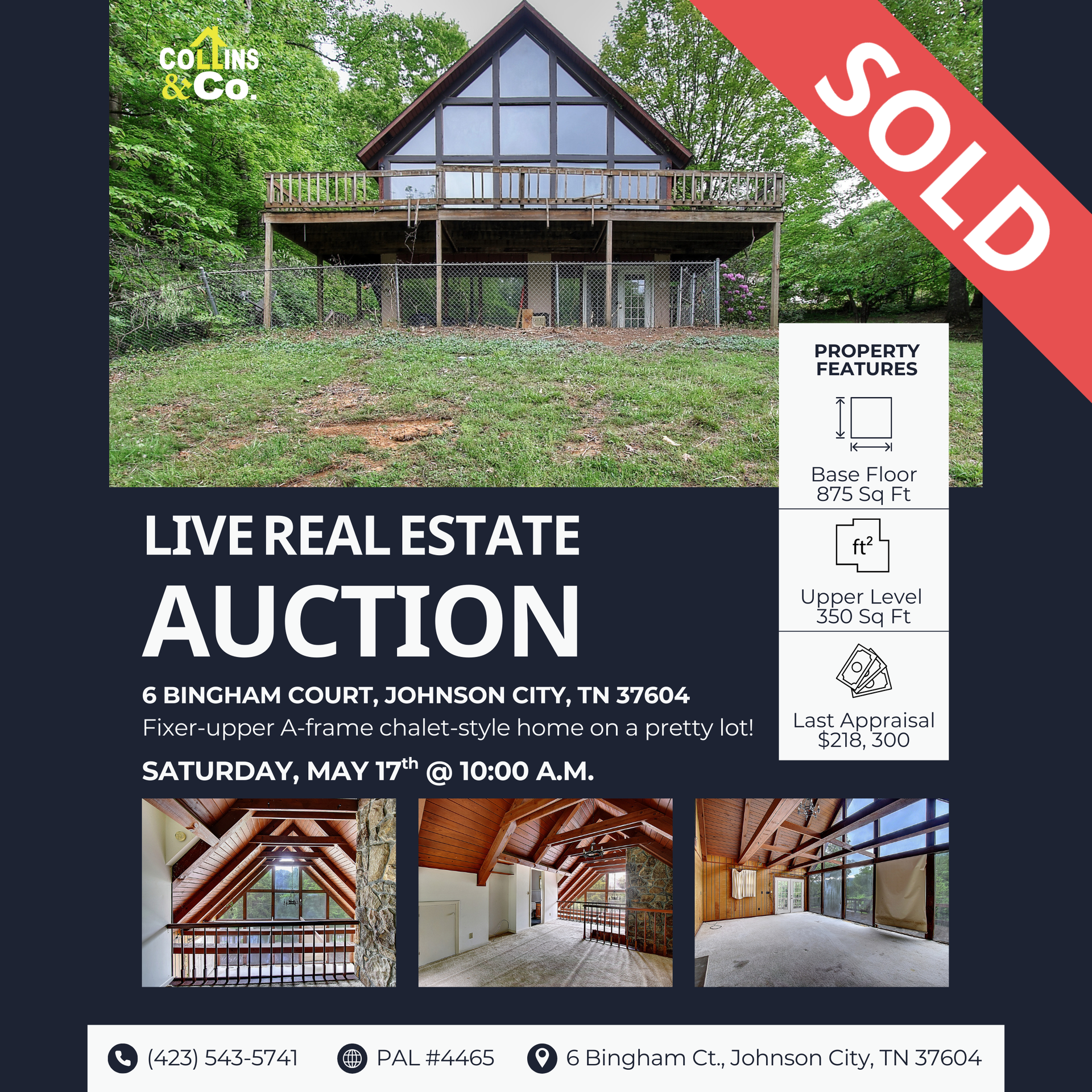 A poster for a live real estate auction on saturday may 17th