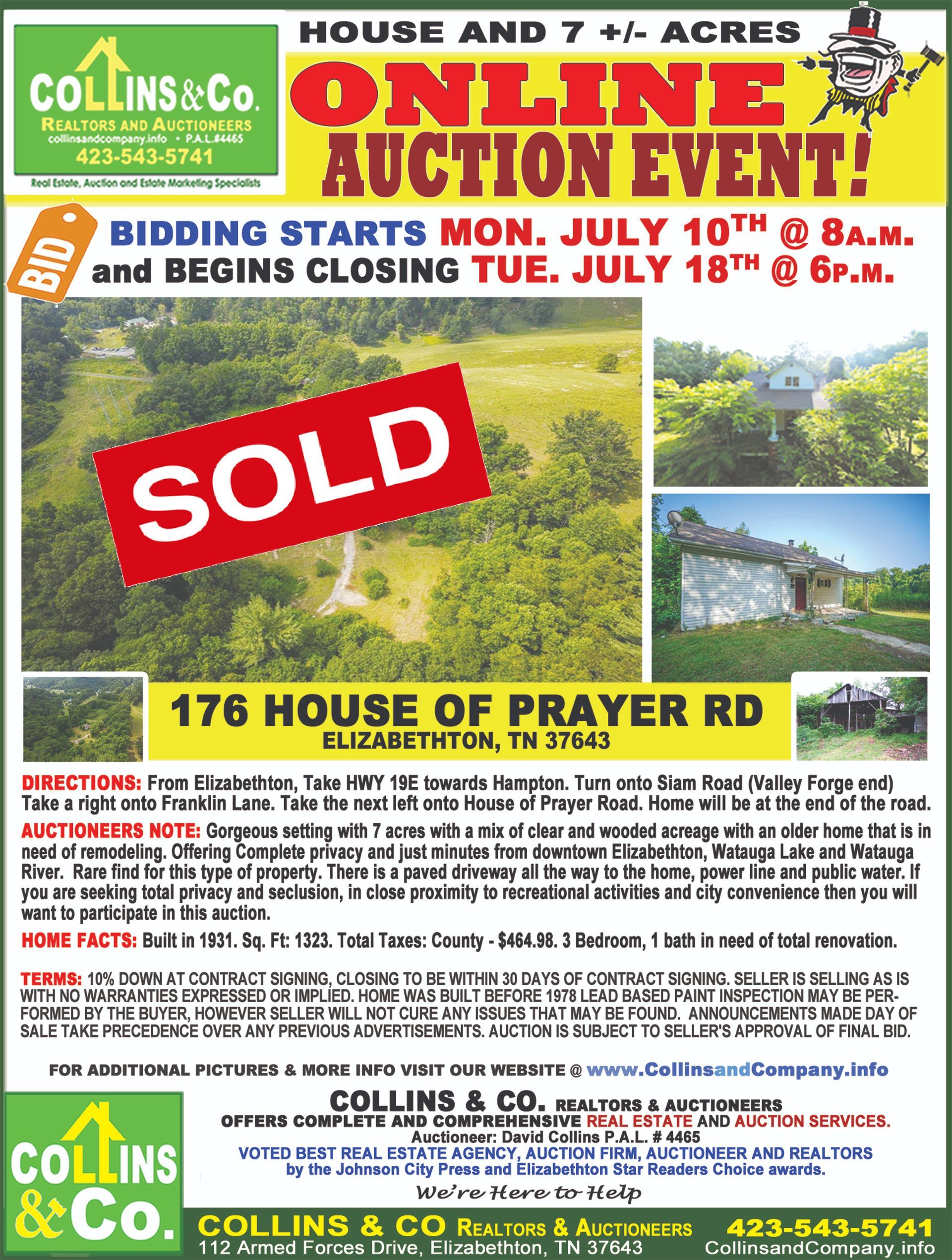 A flyer for an online auction event for 176 house of prayer rd