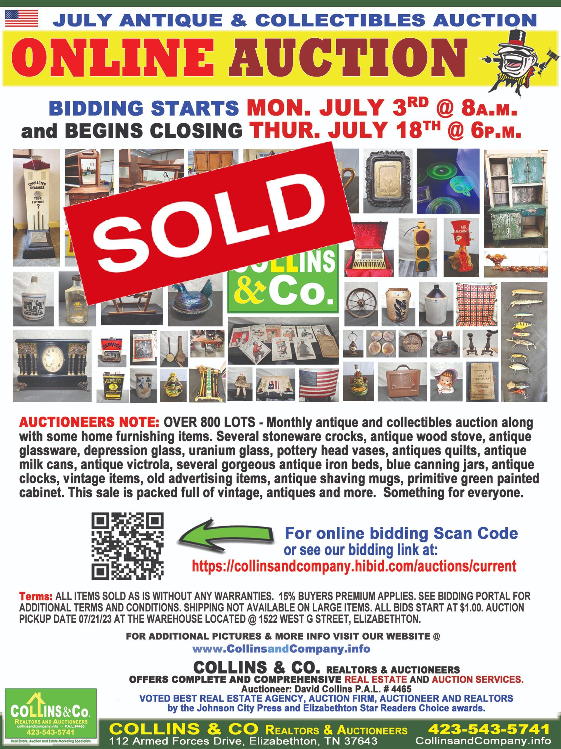 A poster for an online auction with a sold sign on it.