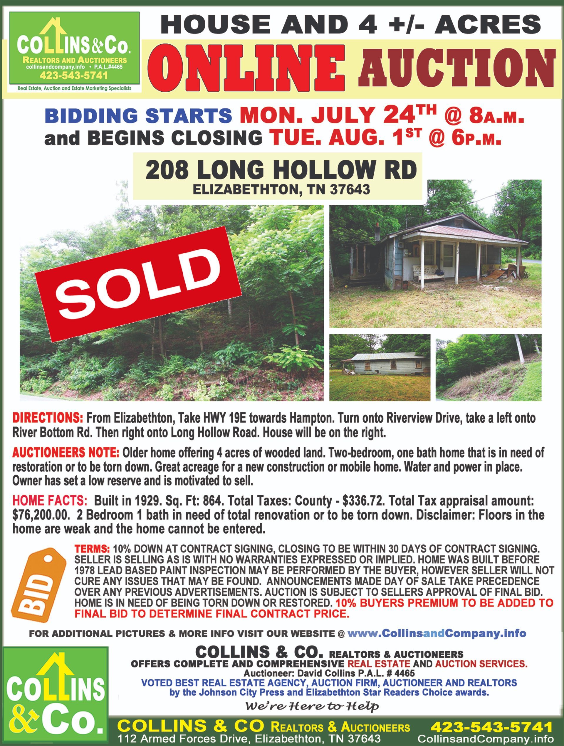 A poster for a house and 4 acres online auction.