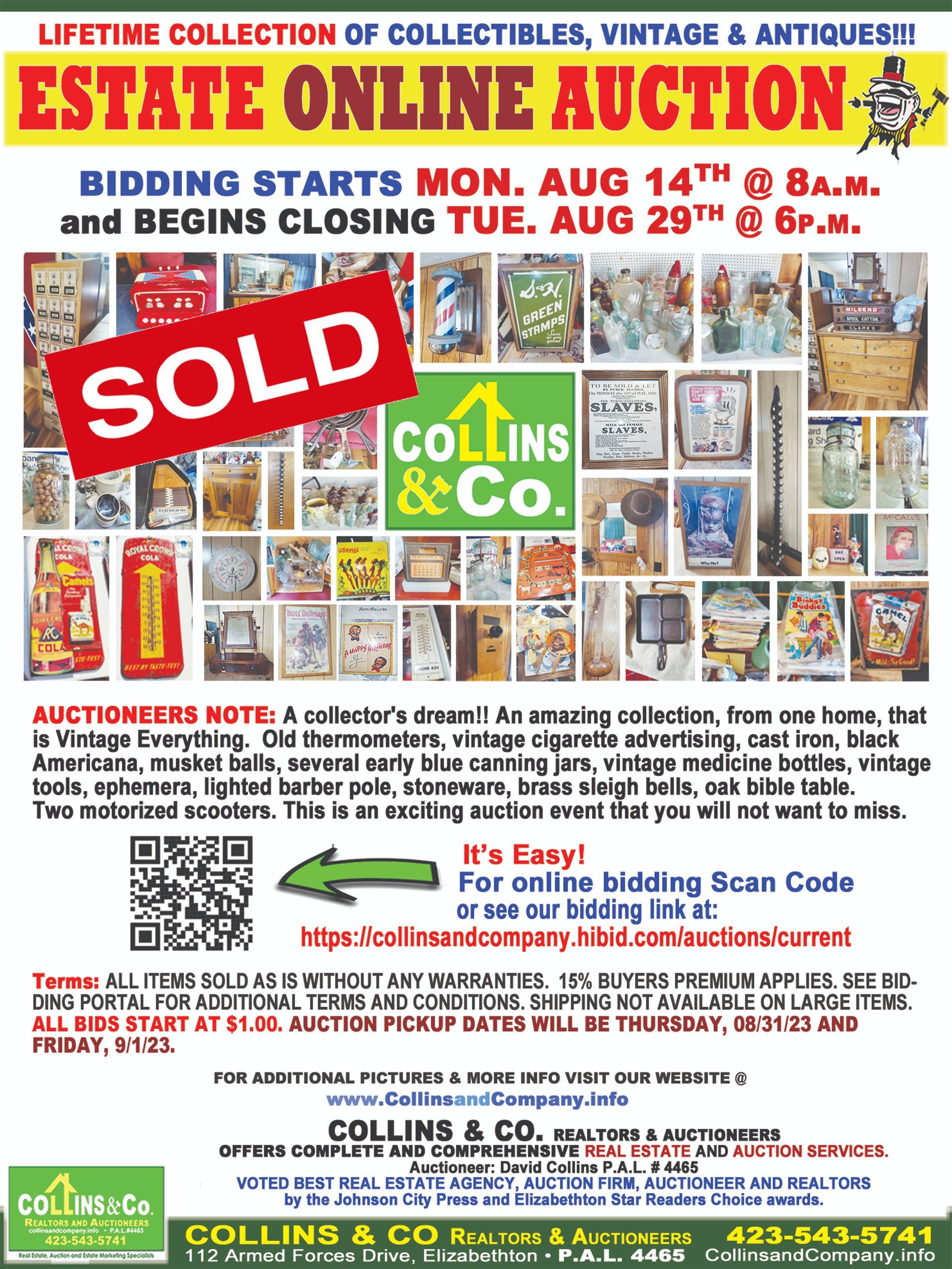 A poster for a estate online auction that is sold