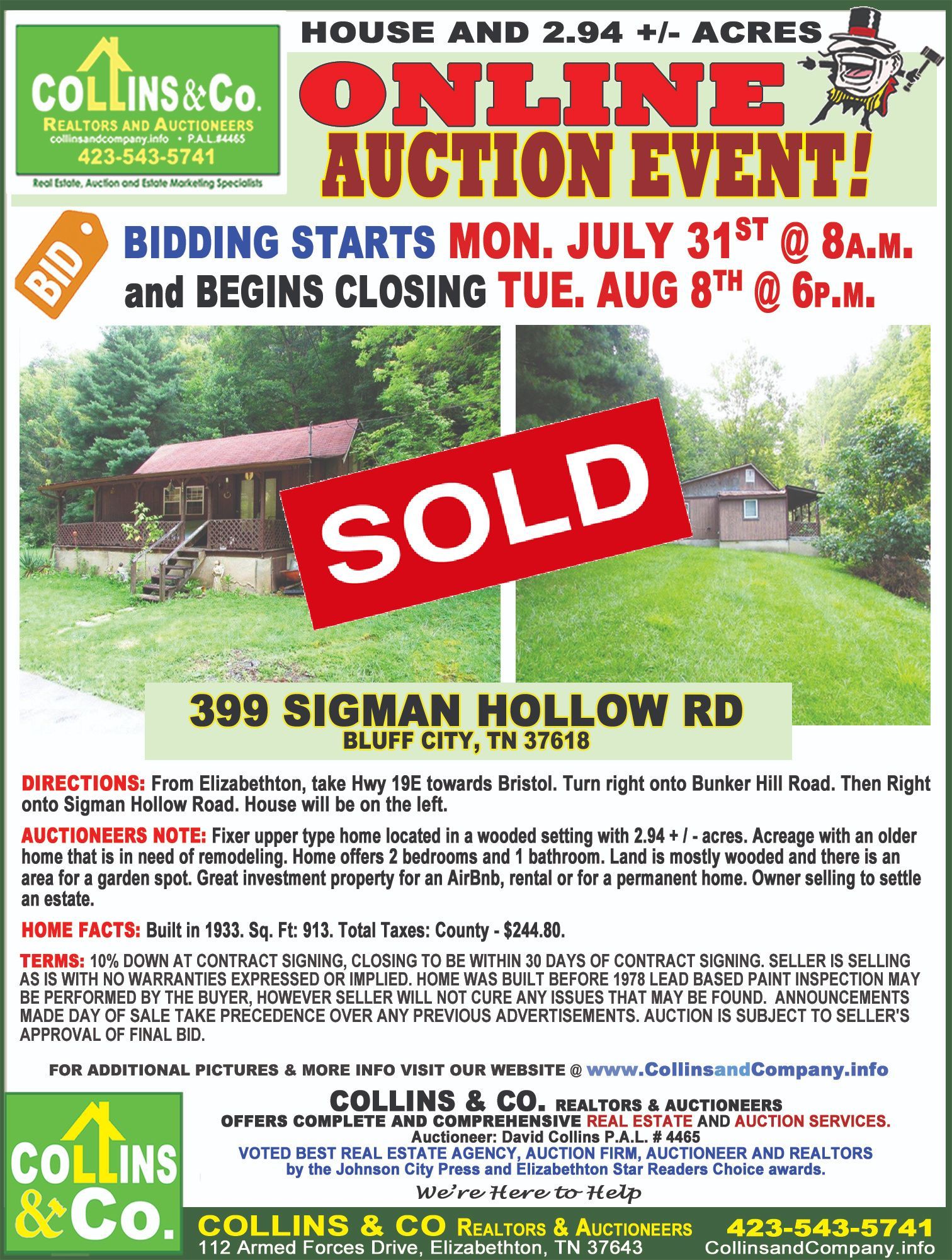An advertisement for an online auction event for 399 sigman hollow rd