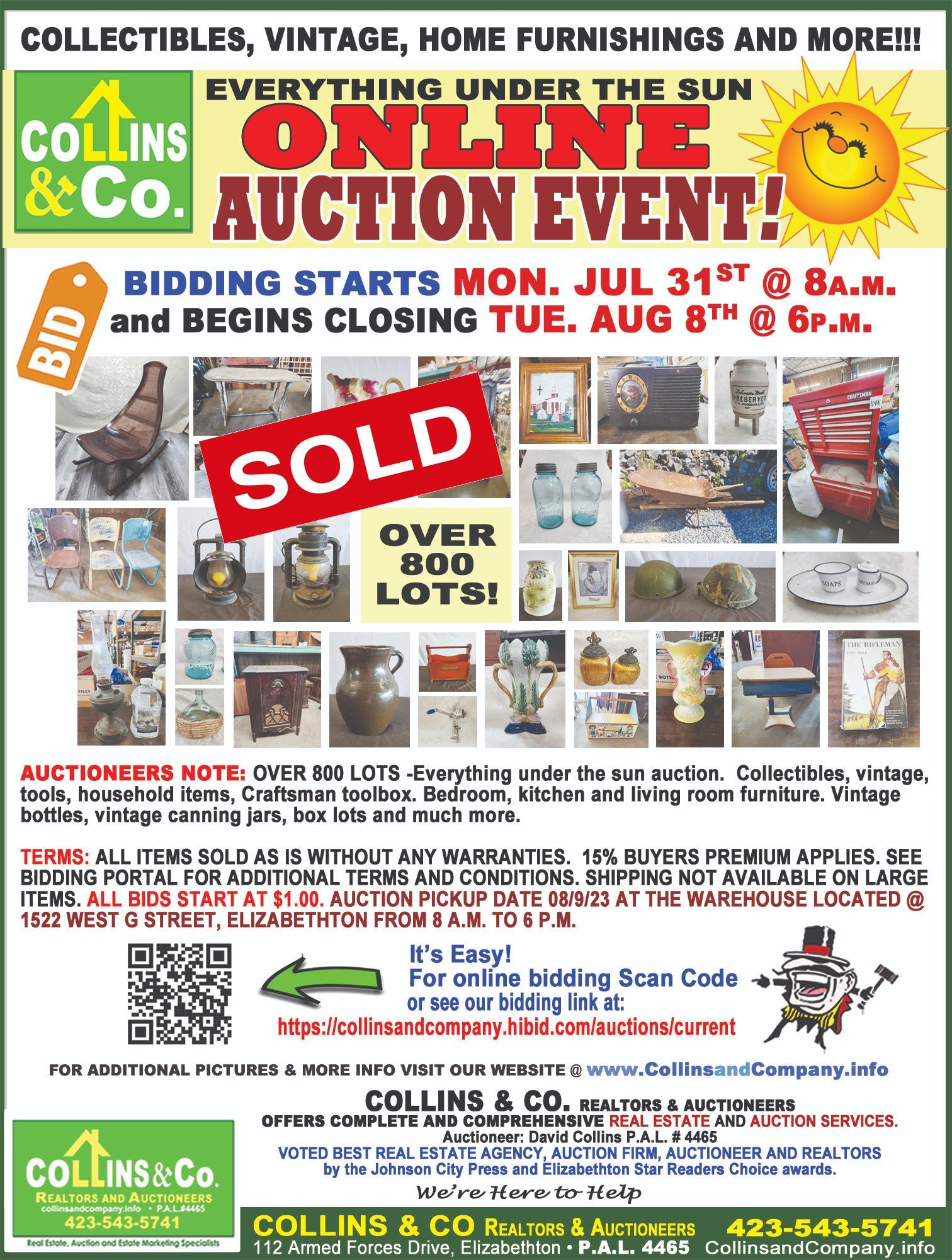 A flyer for an online auction event at collins & co.