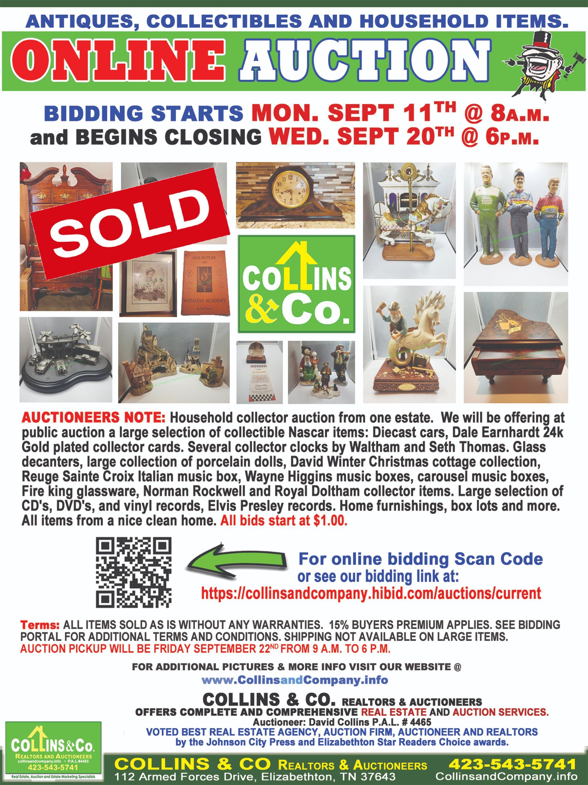 A poster for an online auction with a sold sign on it.