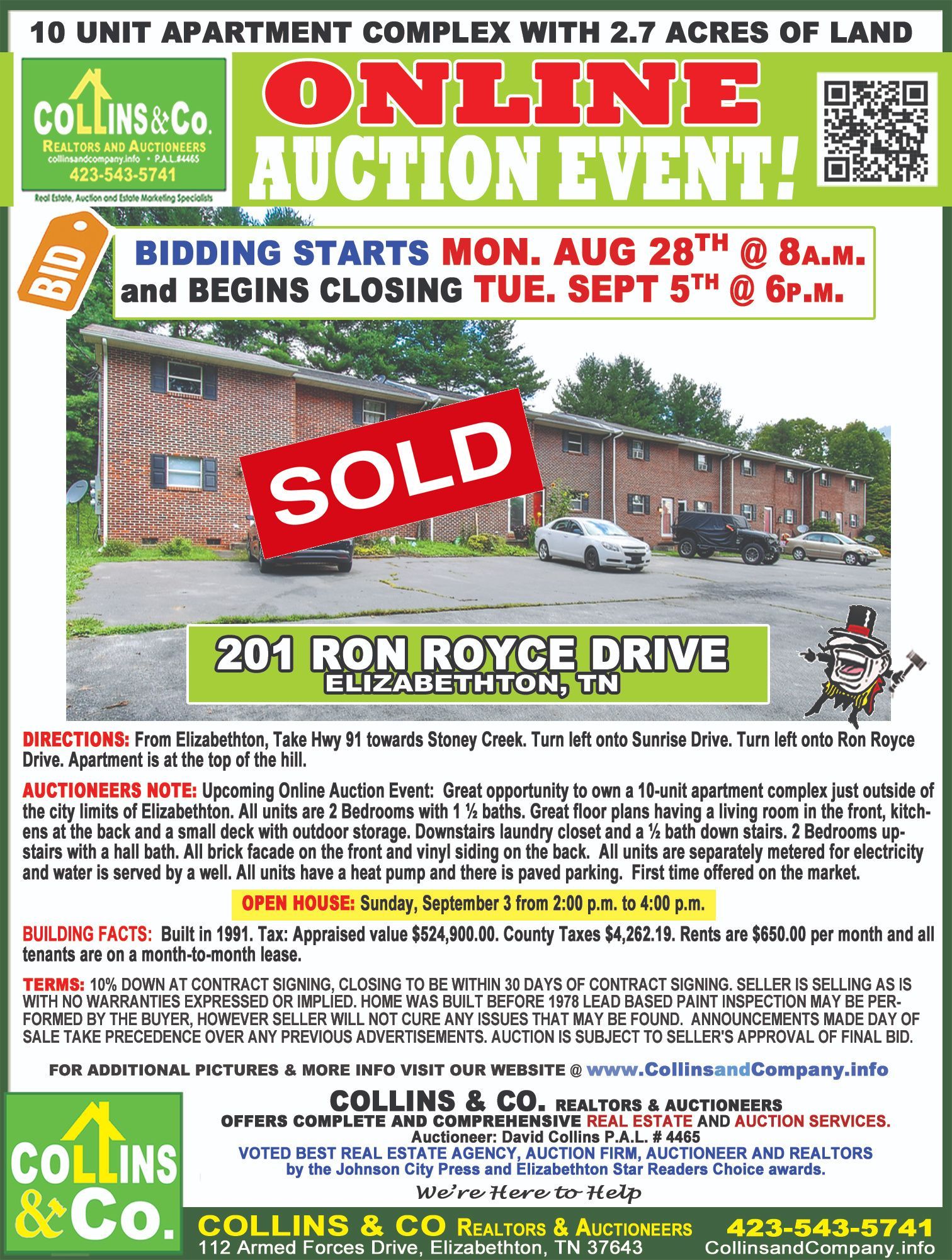 An advertisement for an online auction event for a apartment complex with 2.7 acres of land.