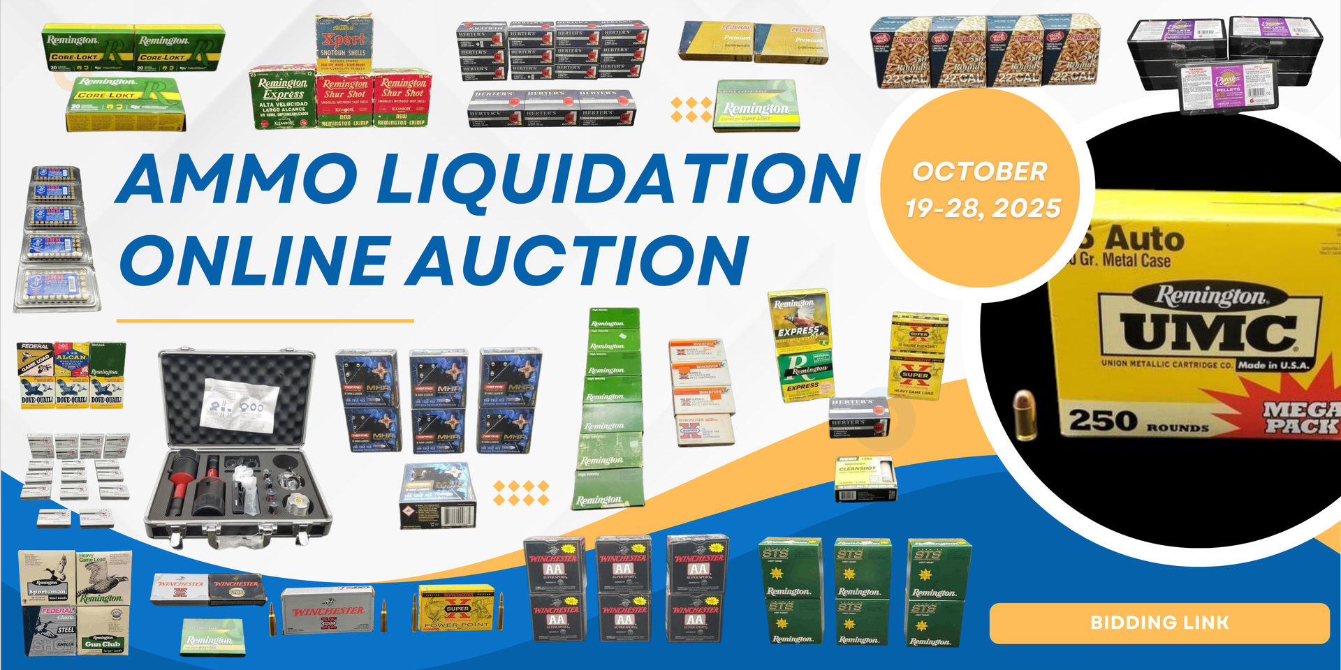 Ammo liquidation online auction: various boxes of ammunition. October 19-26, 2021.