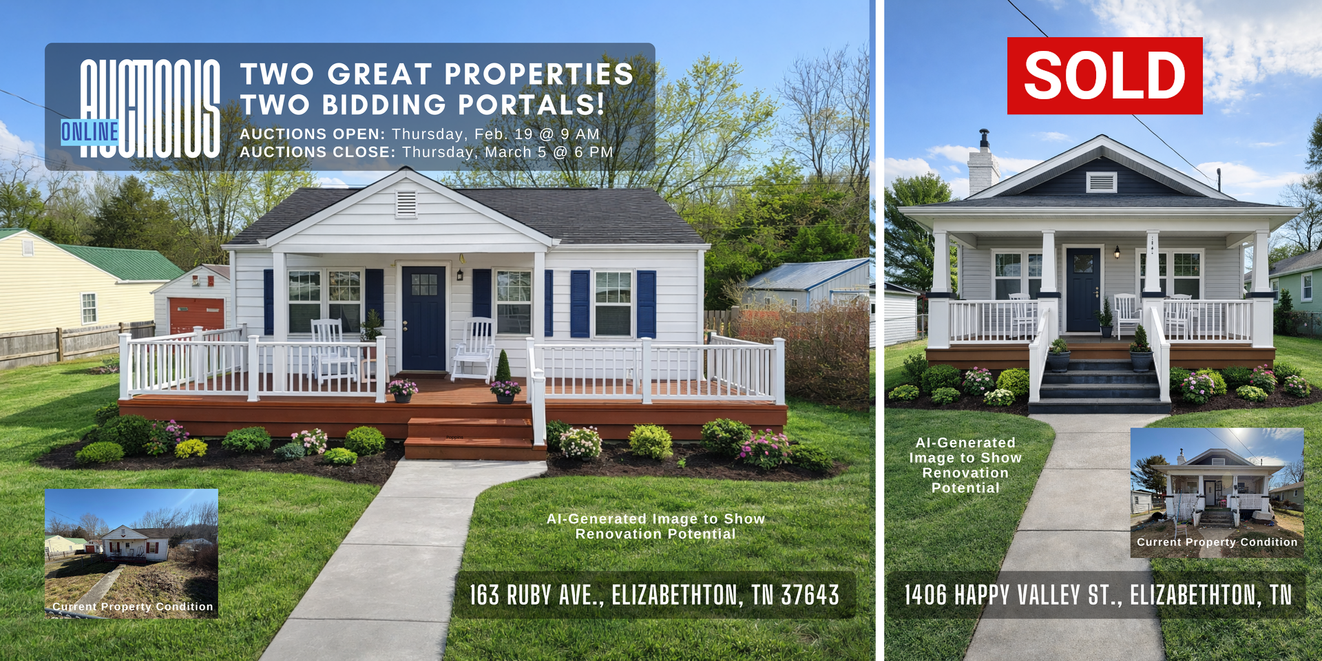Two houses side-by-side: one for auction at 105 Biddle Ave, Elizabethton, TN, and one sold at 1406 Happy Valley Dr.
