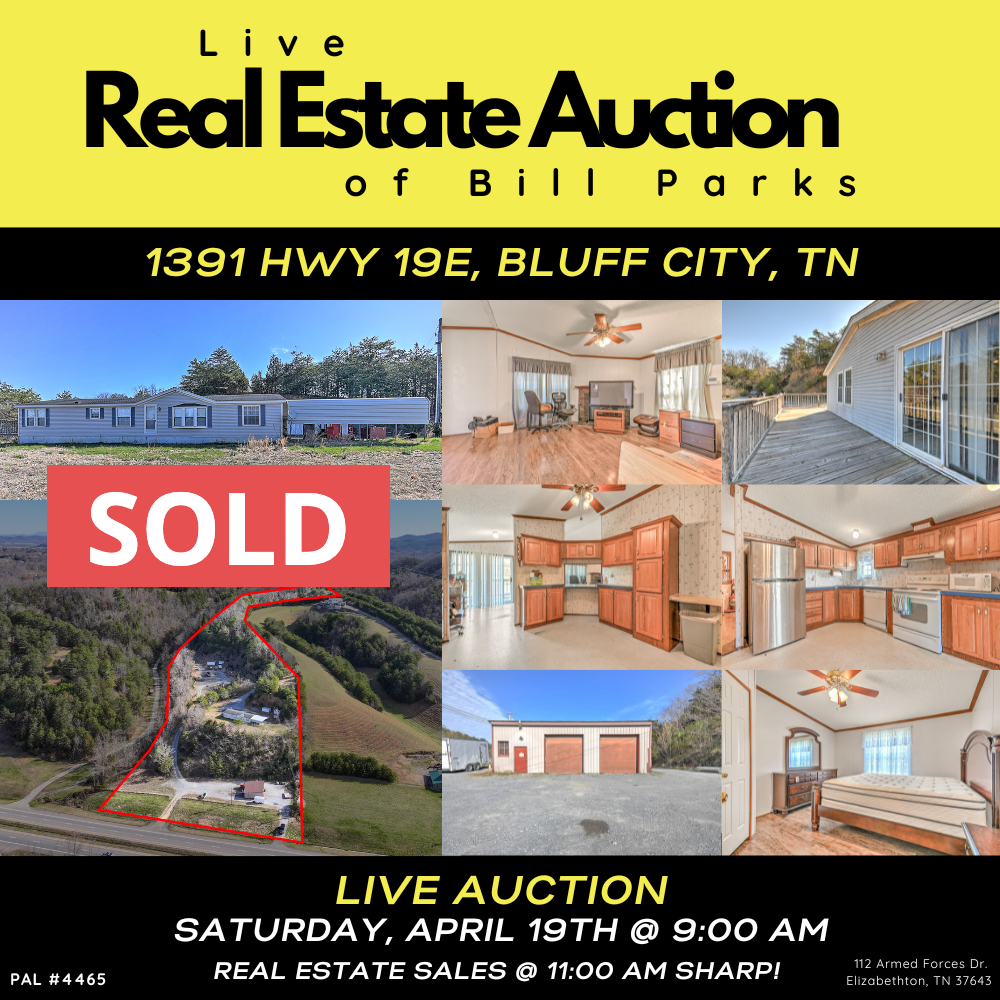 An advertisement for a real estate auction in bluff city tn