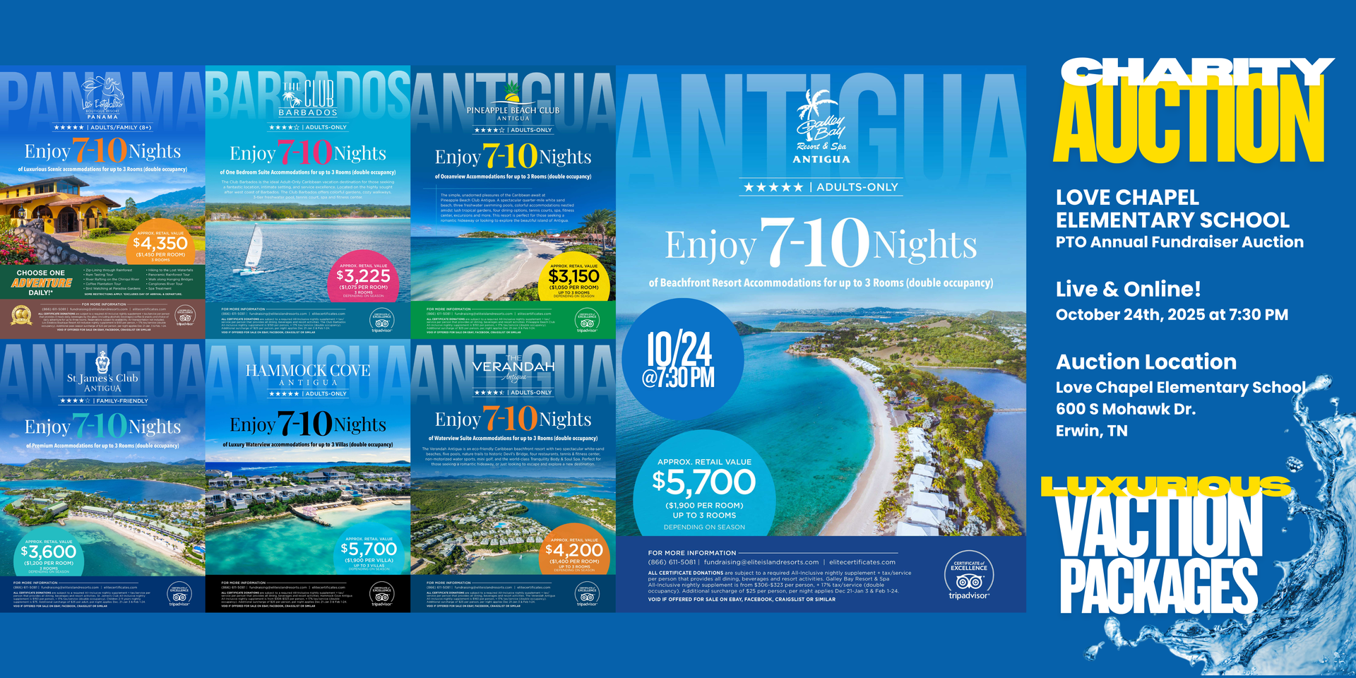 Charity auction for UFT Templs Elementary School: Luxurious vacation packages in Antigua, Panama, Barbados.