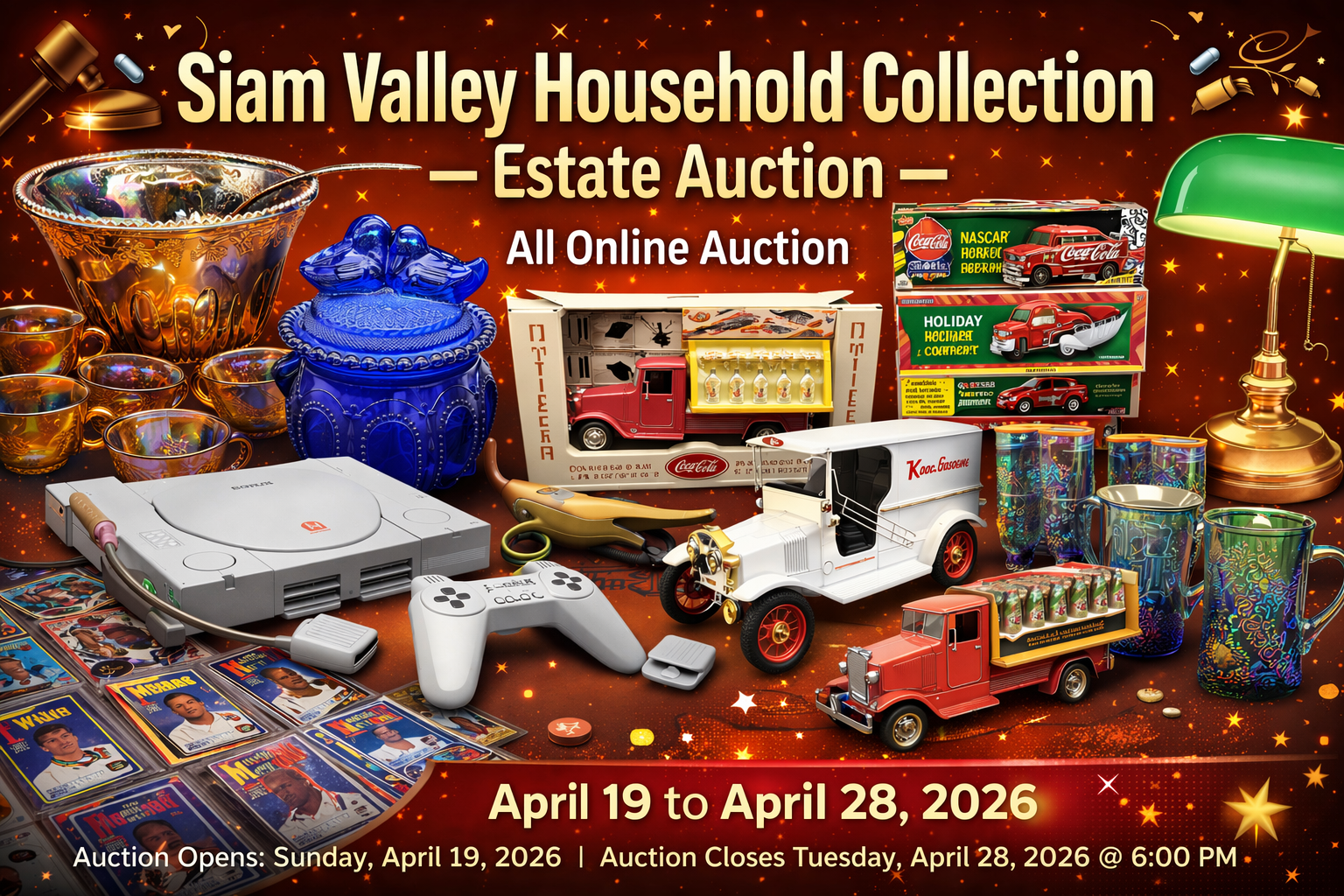 Siam Valley Household Collection online estate auction flyer featuring toys, a gaming console, and glassware, April 19-28.