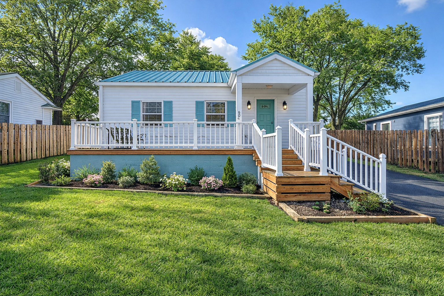 Small white house with blue accents, porch, and teal door; green lawn and blue sky.