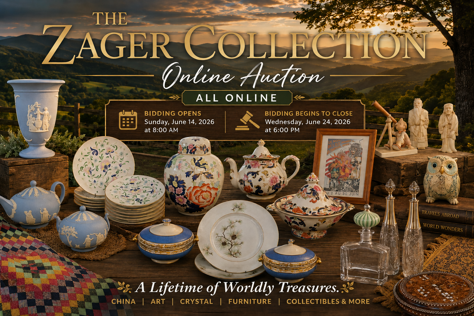 Zager Collection online auction poster with antiques, ceramics, art, and collectibles on a gold-brown background