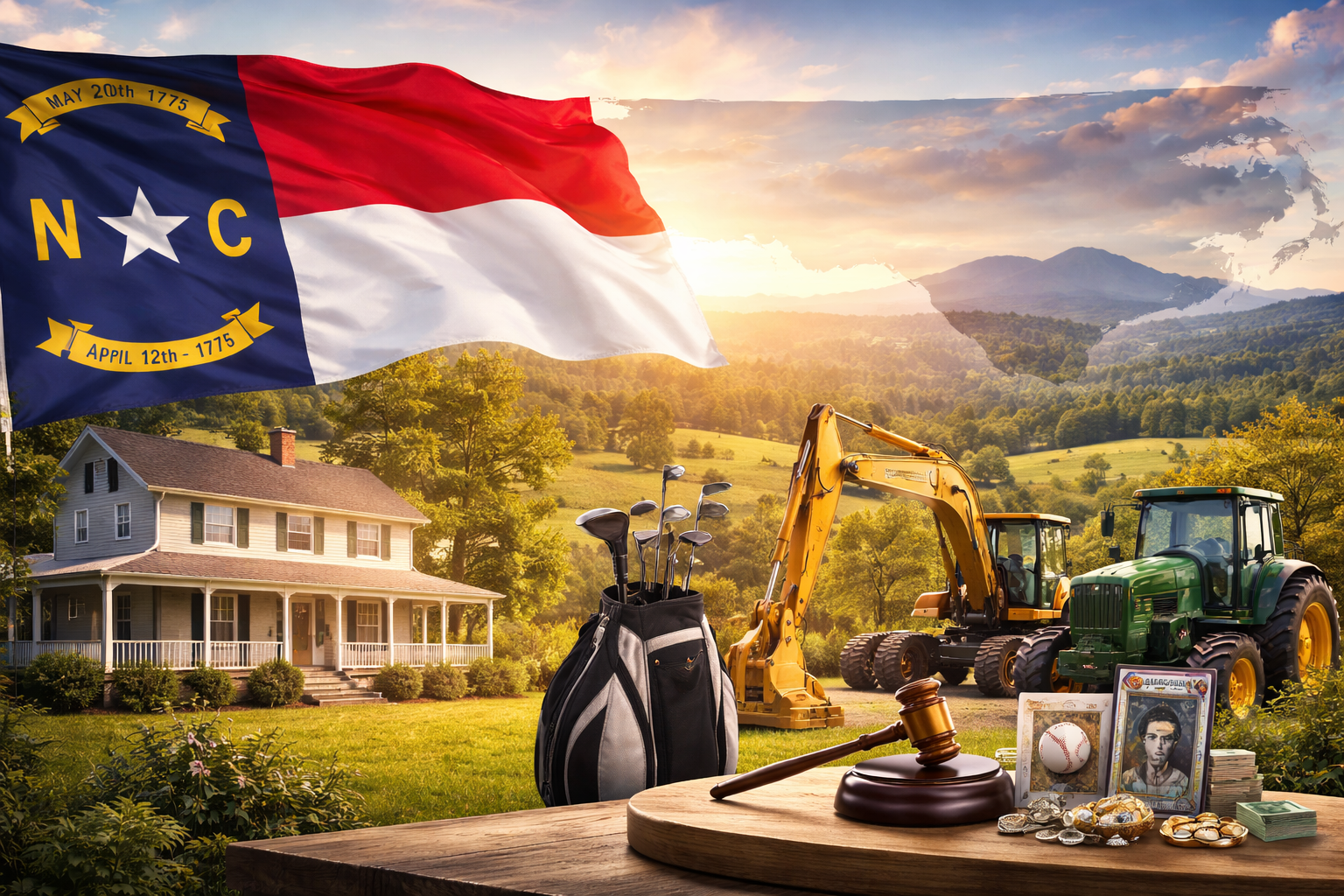 North Carolina landscape with flag, house, golf clubs, construction equipment, auction items.
