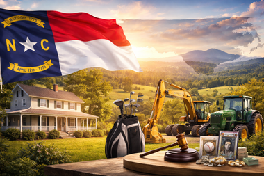 North Carolina landscape with flag, house, golf clubs, construction equipment, auction items.