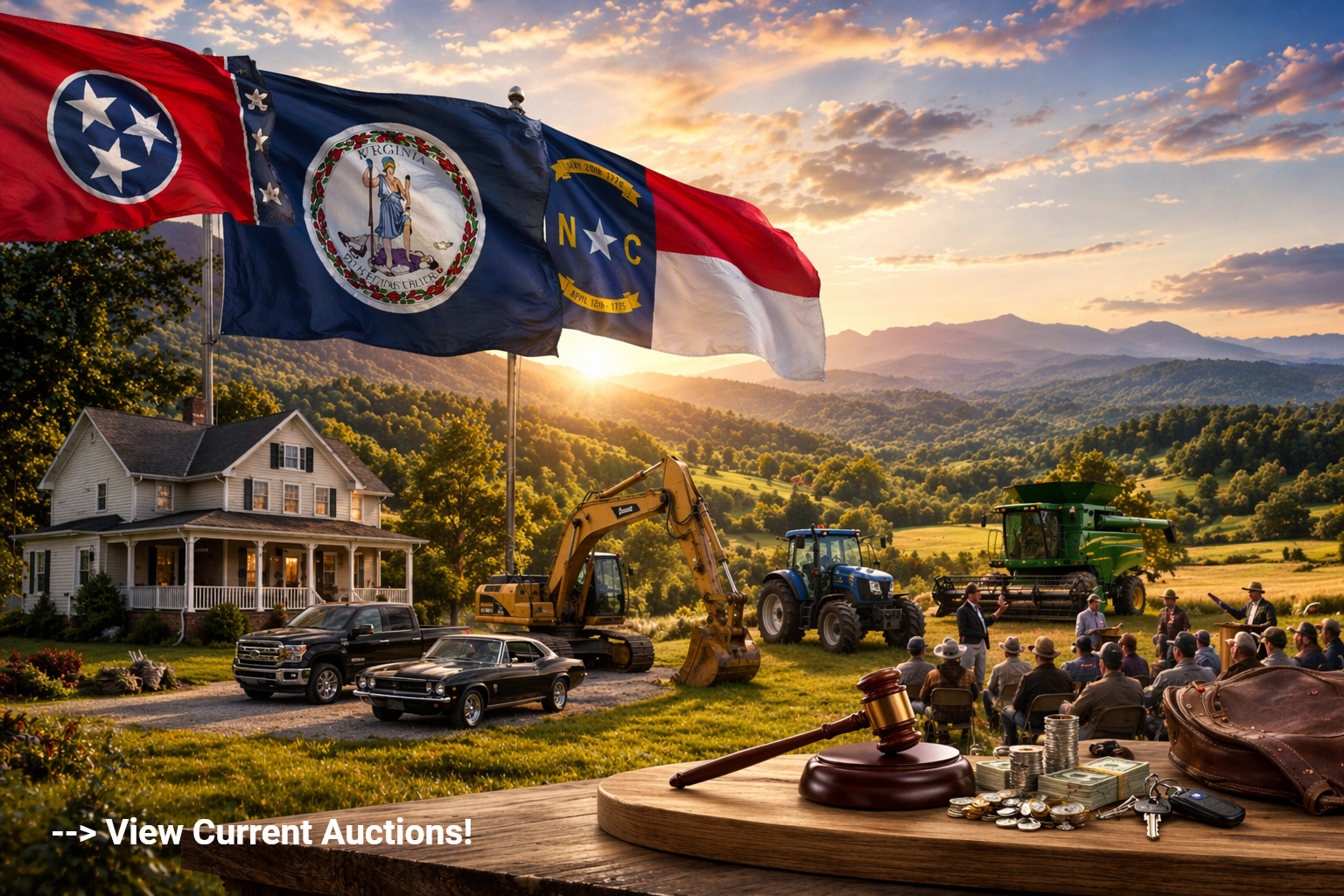 North Carolina landscape with flag, house, golf clubs, construction equipment, auction items.