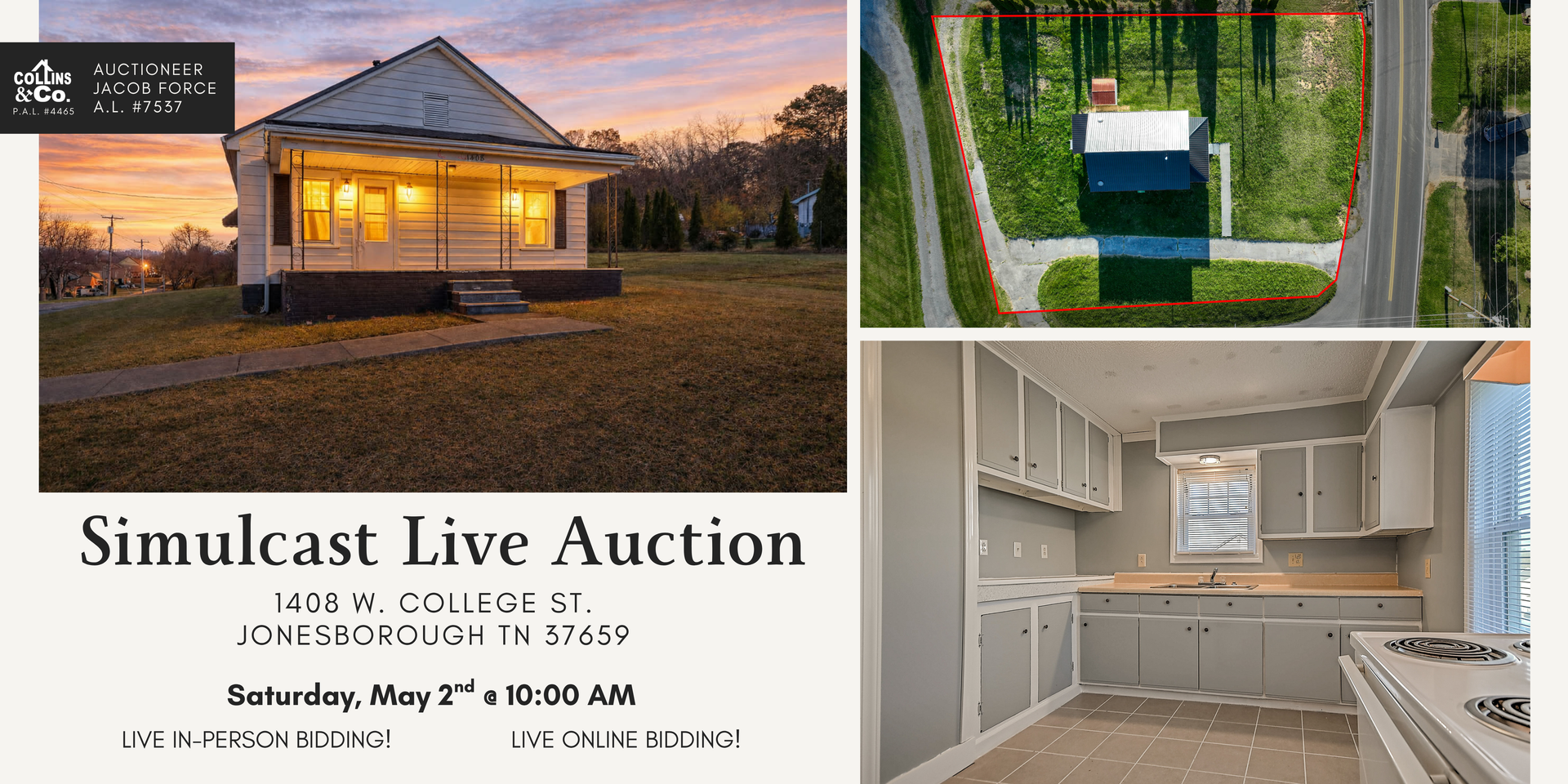 Auction flyer for a house at 110 W College St, Lynchburg, TN, on May 2nd at 10:00 AM, featuring photos of the home and kitchen.