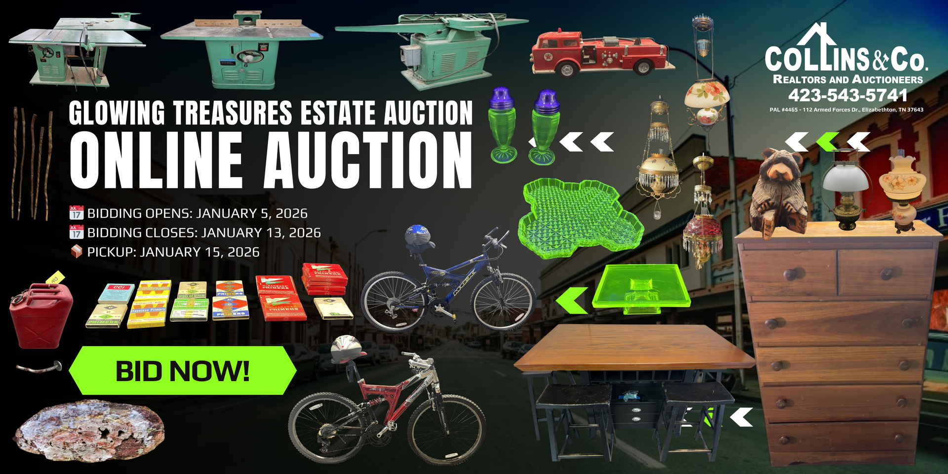 Online auction ad with various items: tools, toys, furniture, and a 