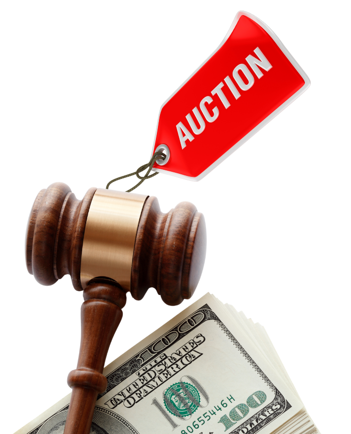 A wooden gavel with a red tag that says auction