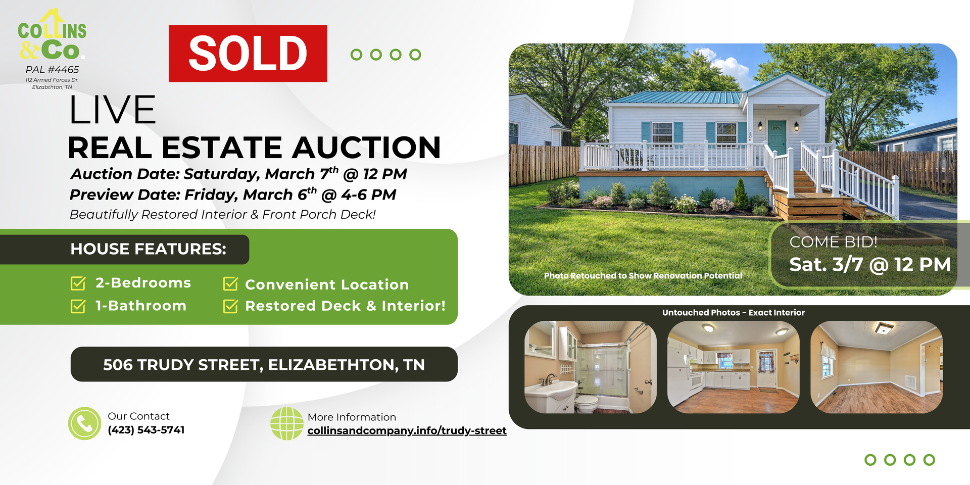 A sold real estate auction flyer for a home at 309 Trudy Street, Elizabethton, TN with photos of the property.