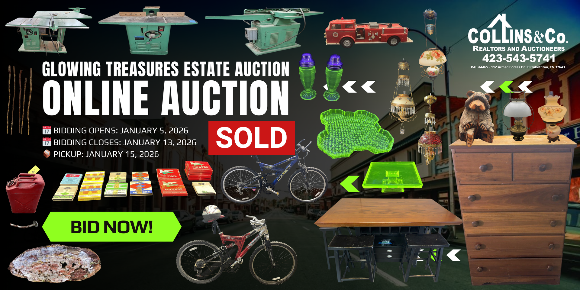 Online auction advertisement with furniture, tools, decor, and bicycles. Includes