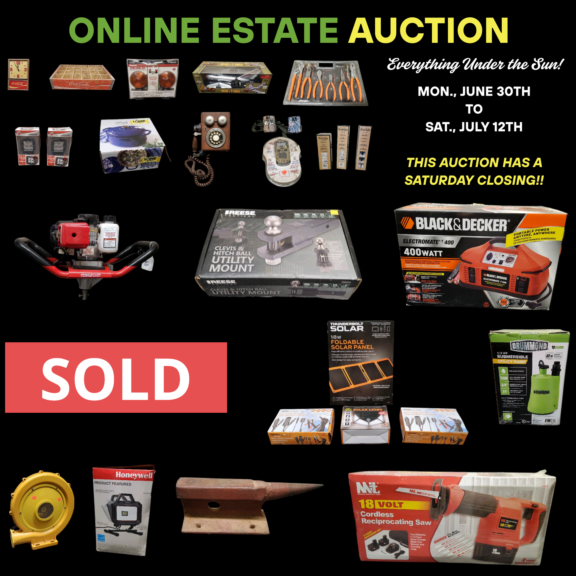 Online estate auction advertisement featuring various tools and equipment, with the dates June 30th to July 12th. A