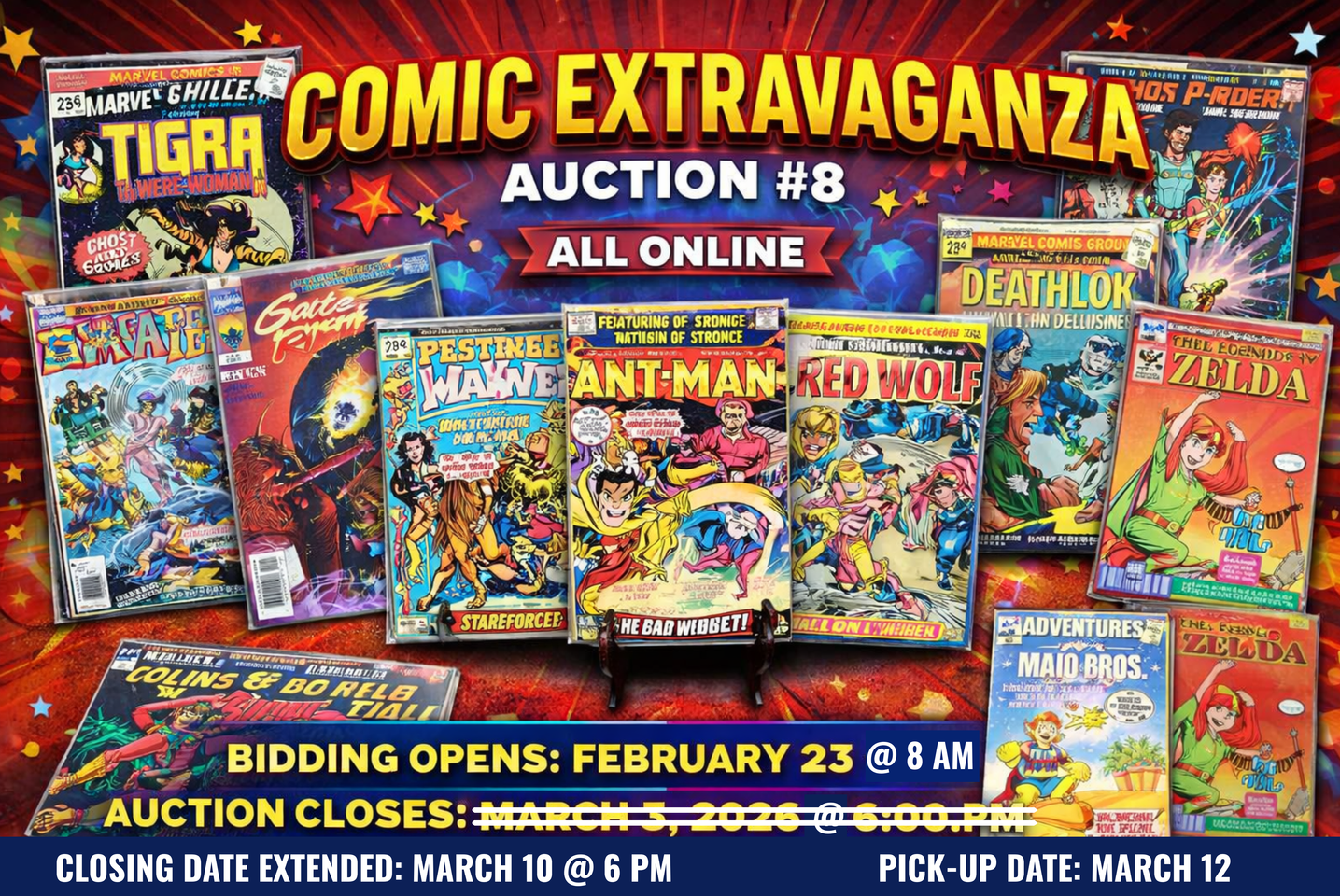 Comic book auction flyer featuring various comic book covers, online auction details.