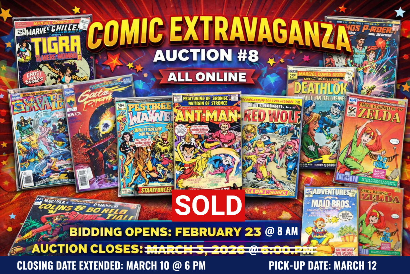 Comic Extravaganza Auction #8 poster showcasing various comic books, with auction dates and a 