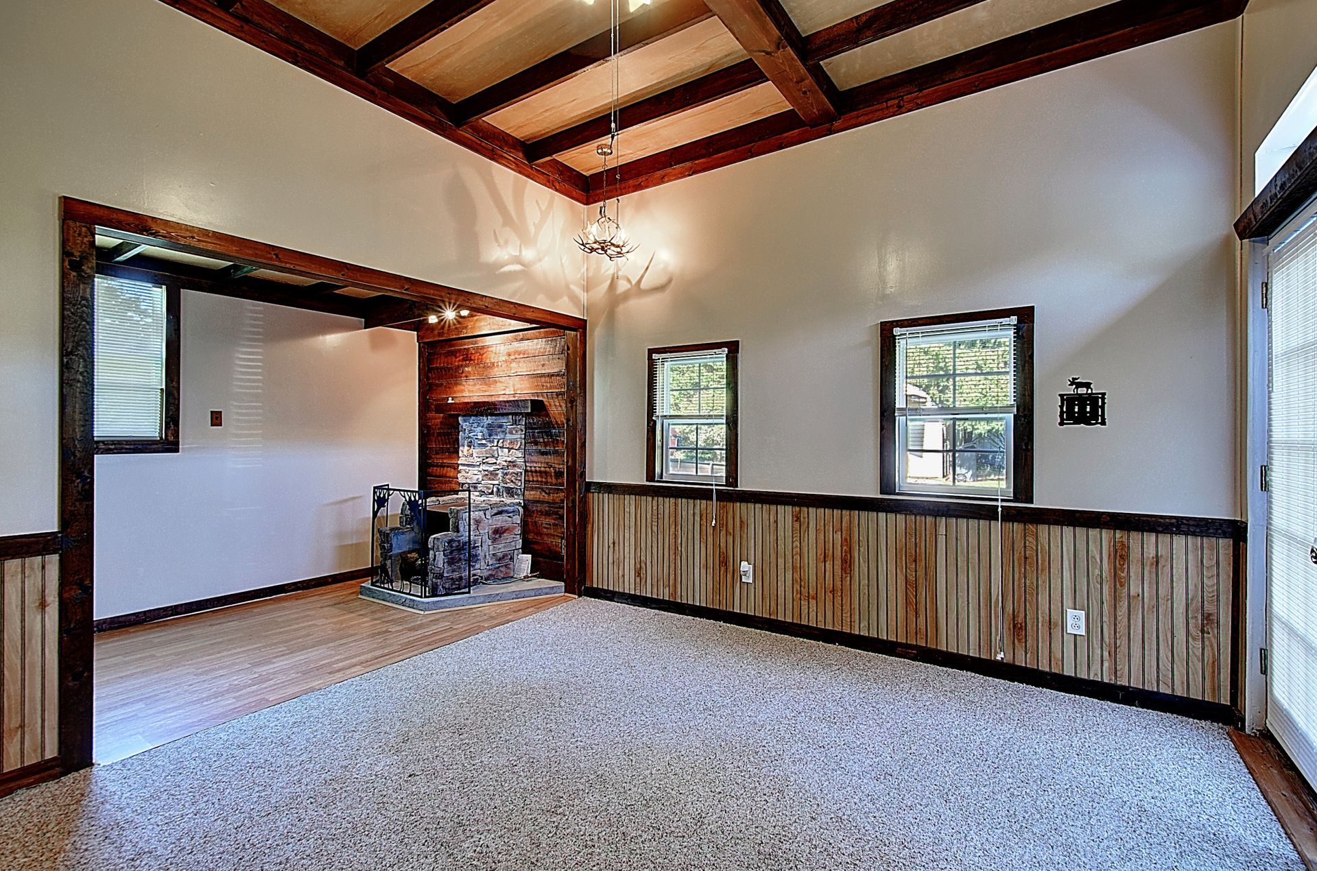 There is a fireplace in the middle of the room.