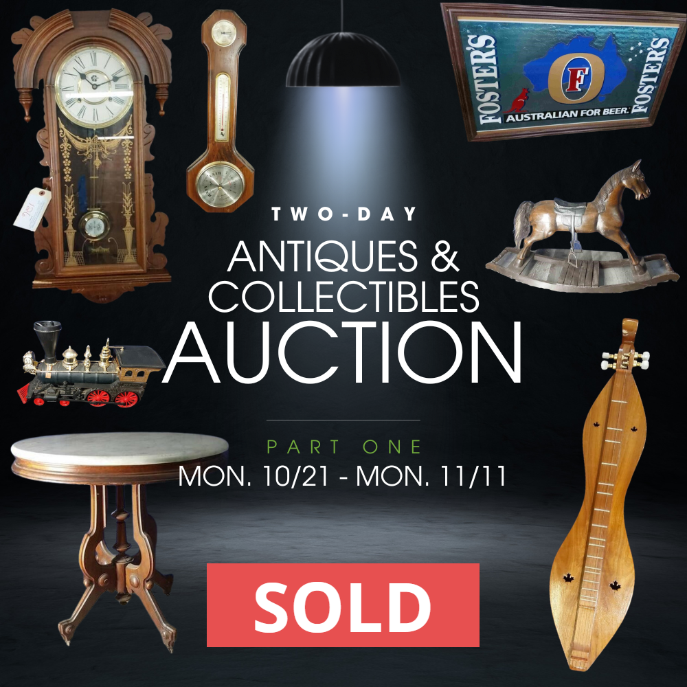 Vintage Items & Collectibles Auction Part 1 Flyer with instruments, a lusury table, grandfather clock, Foster Beer Sign, and other vintage collectibles - Sold Auction by Collins & Co. Realtors and Auctioneers