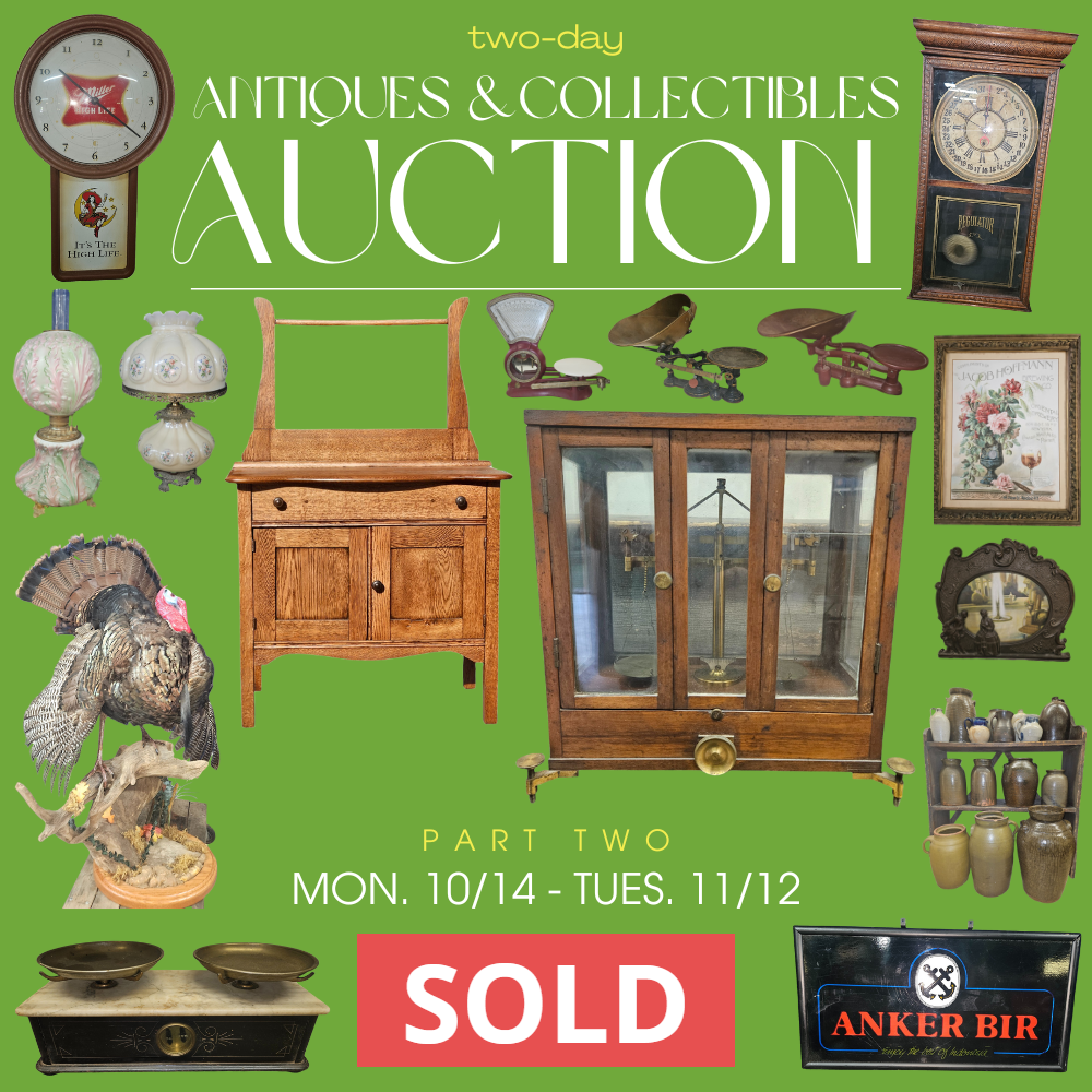 Vintage Items & Collectibles Auction Flyer Part 2 with furniture, wall clock, stuffed turkey, and other collectible items - Sold Auction by Collins & Co. Realtors and Auctioneers