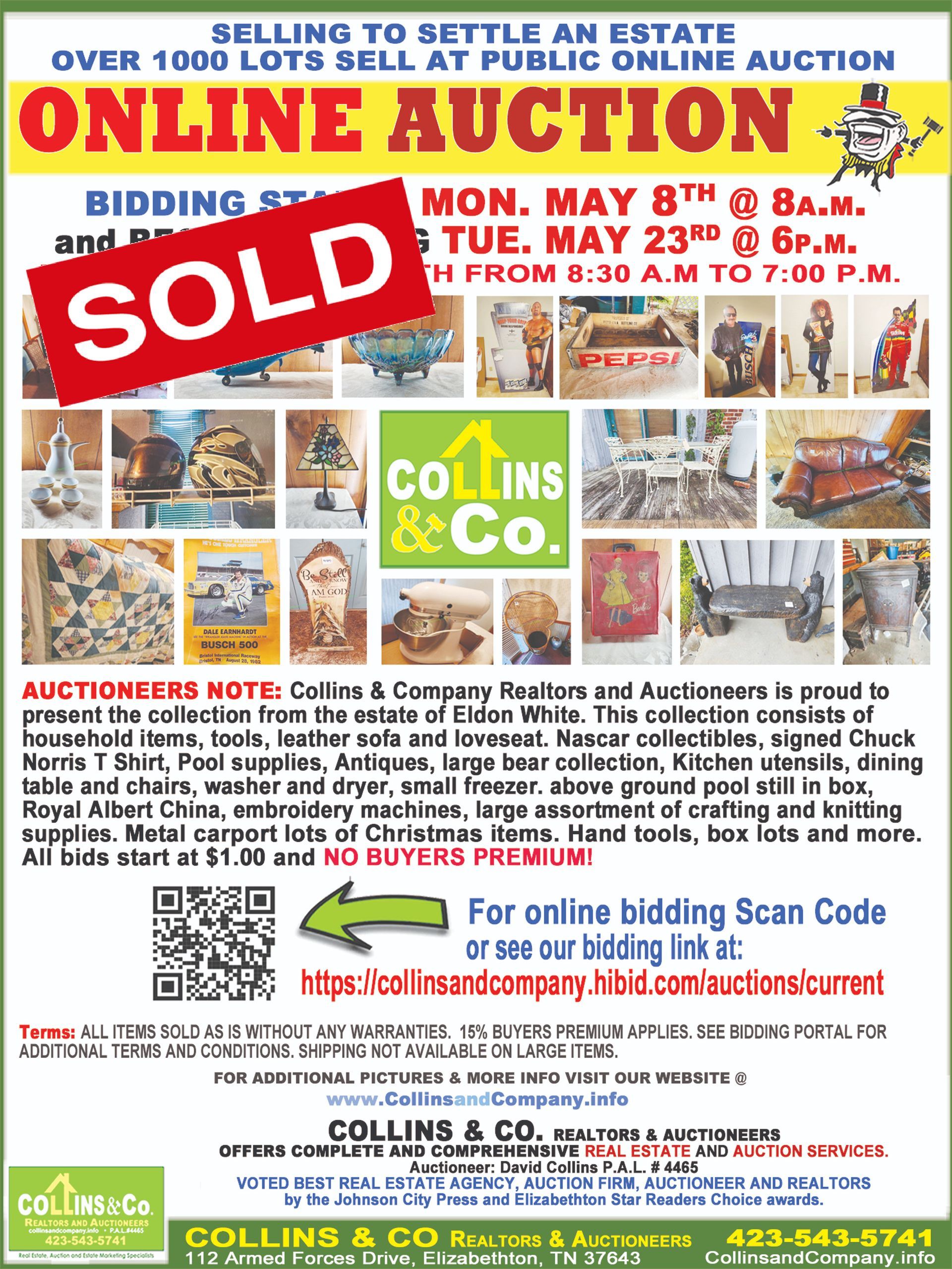A poster for an online auction that is being held on may 8th.