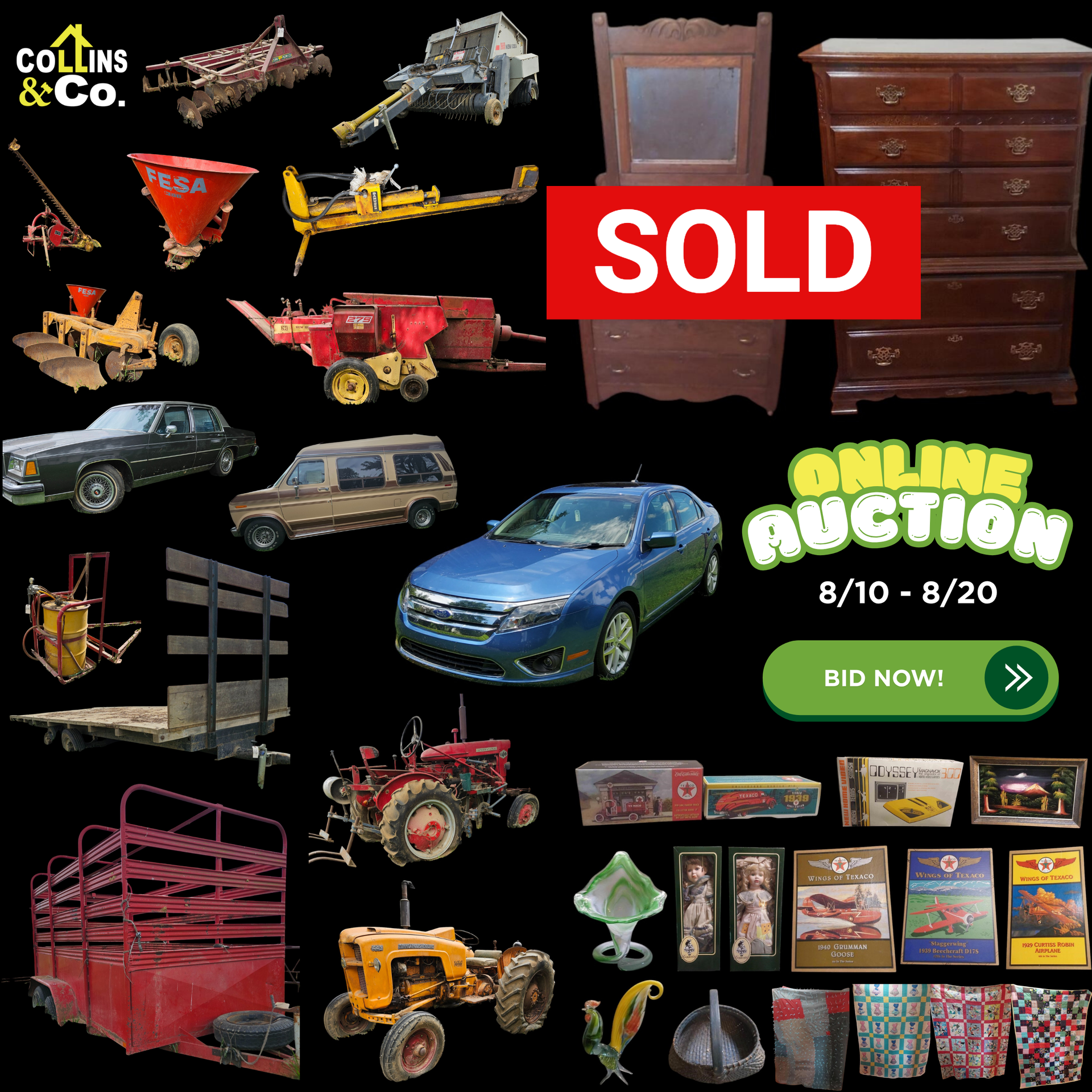 Online auction featuring vehicles, farm equipment, furniture, and collectibles sold by Collins & Co.