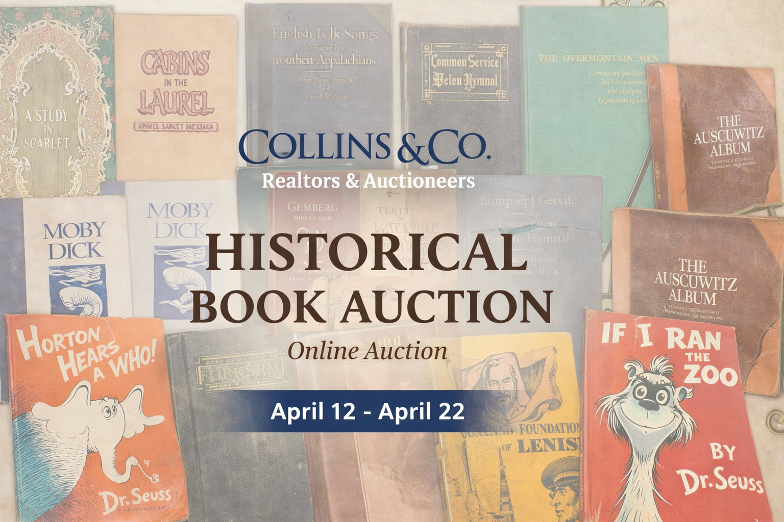 Collins & Co. Historical Book Auction online event, April 12-22, featuring vintage book covers including Dr. Seuss titles.