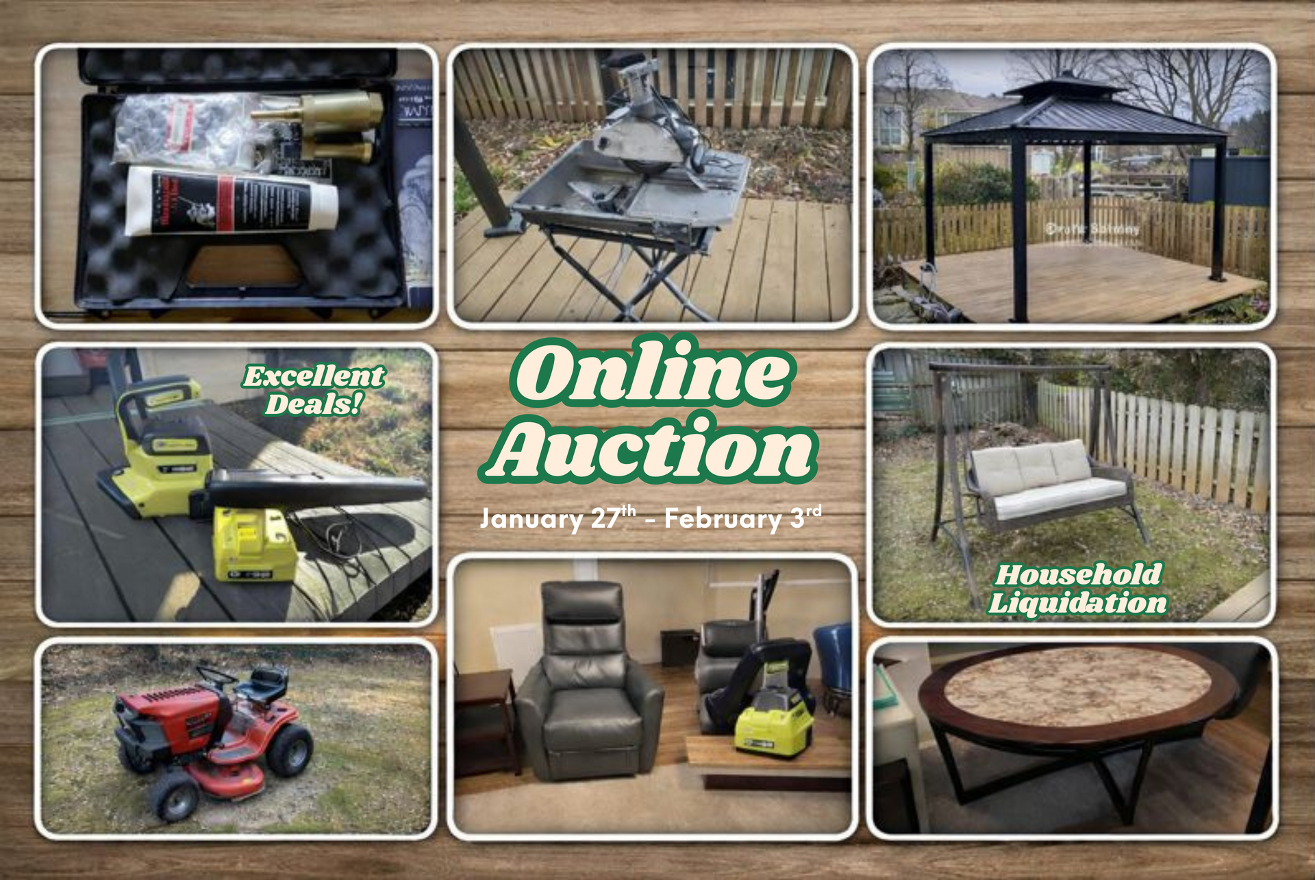 Online auction flyer with various items, including a firearm, gazebo, and furniture.