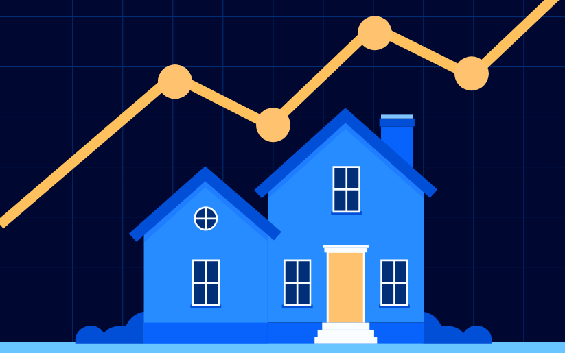 An illustration of a blue house with a graph behind it.