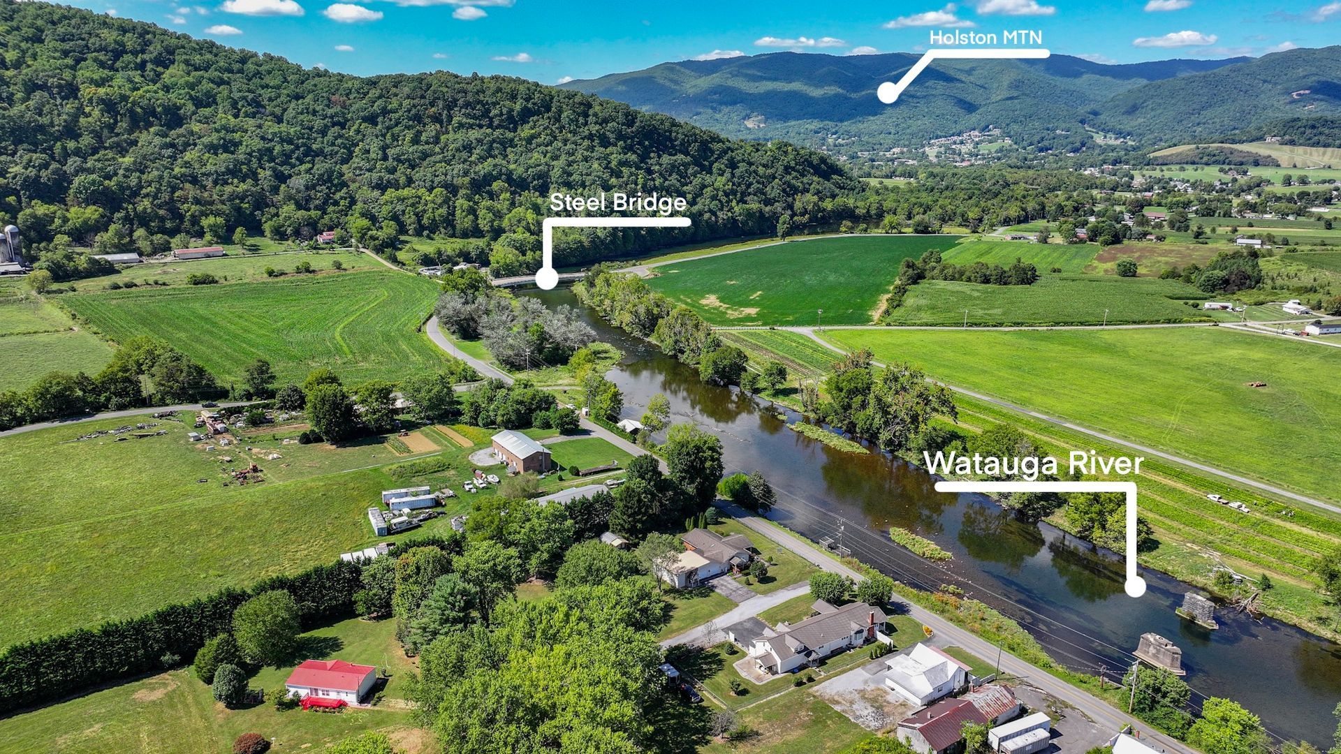 An aerial view of a river surrounded by trees and houses at 238 Wilbur Dam Rd Elizabethton Tennessee