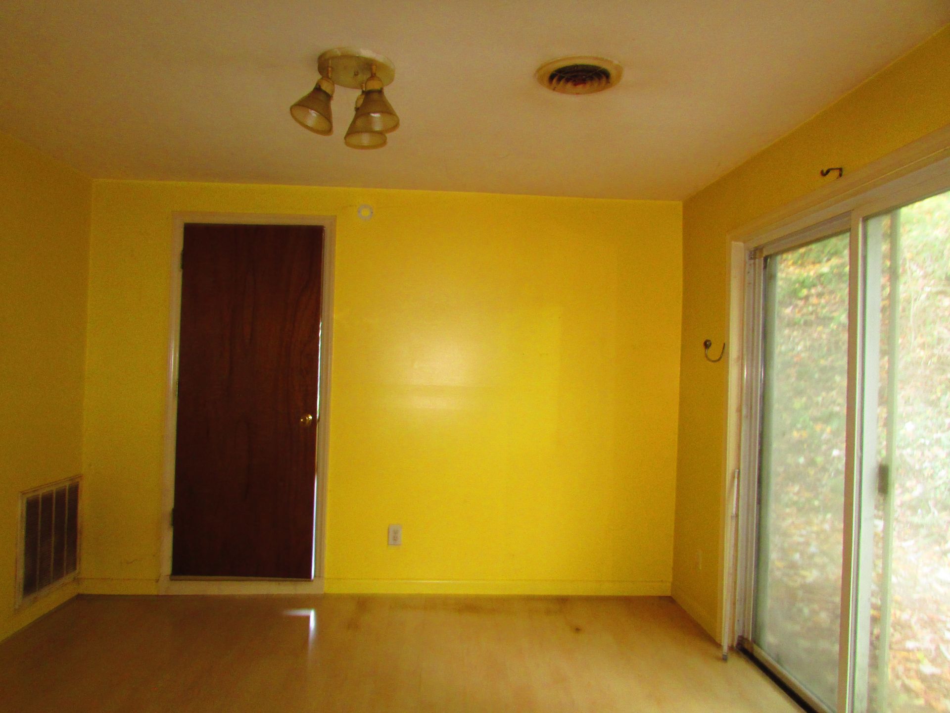 Yellow-painted room with brown door, sliding glass door, and a ceiling light fixture.