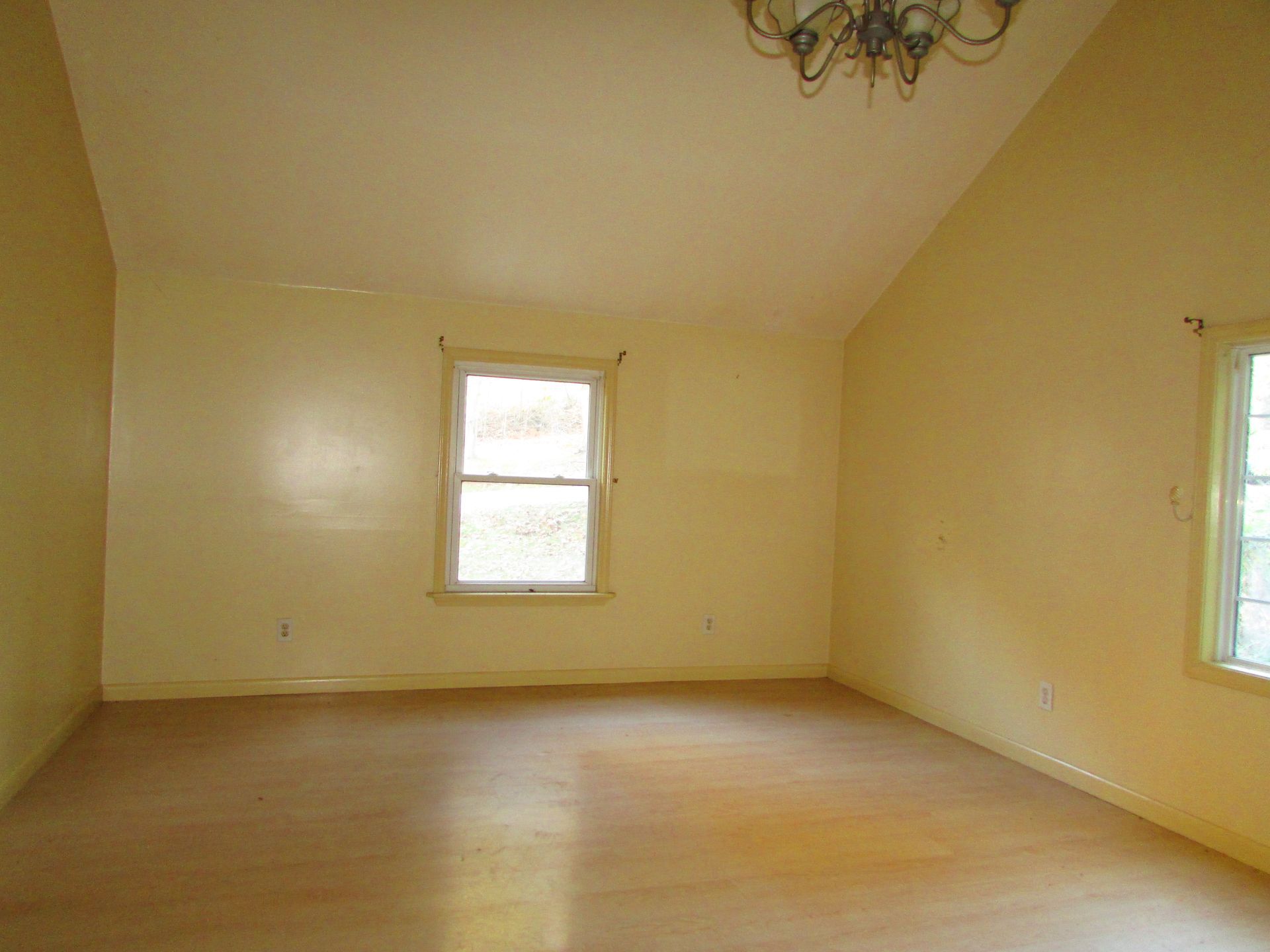 Empty room with light yellow walls, wooden floor, and two windows.
