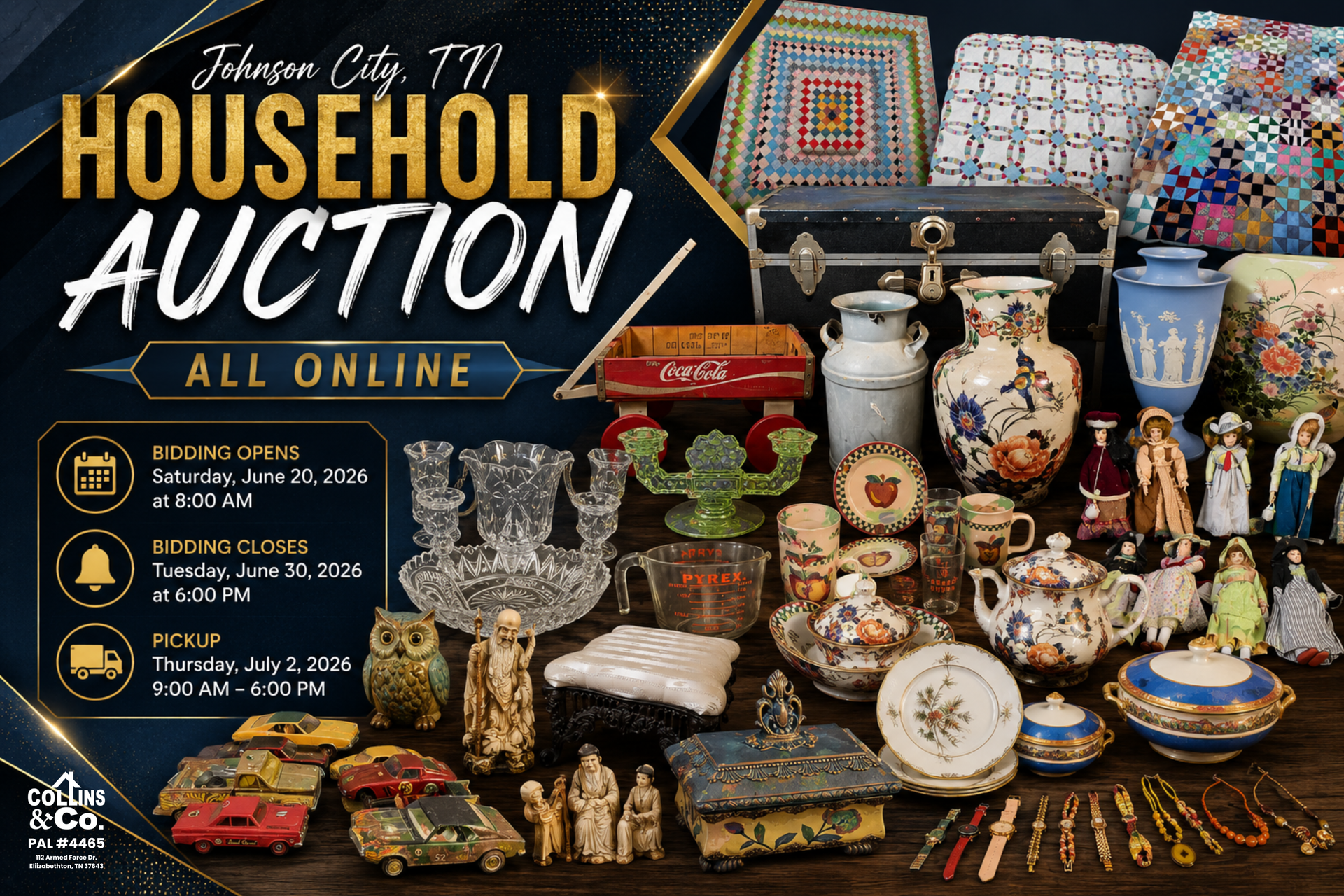 Household auction poster showing assorted antique glassware, ceramics, and collectibles on a dark background